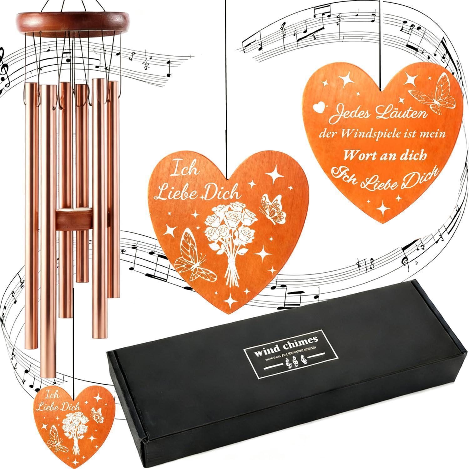 Windspiel Roségold Mit Gravur, 6 Rohre, Metall, Geschenk Für Frauen