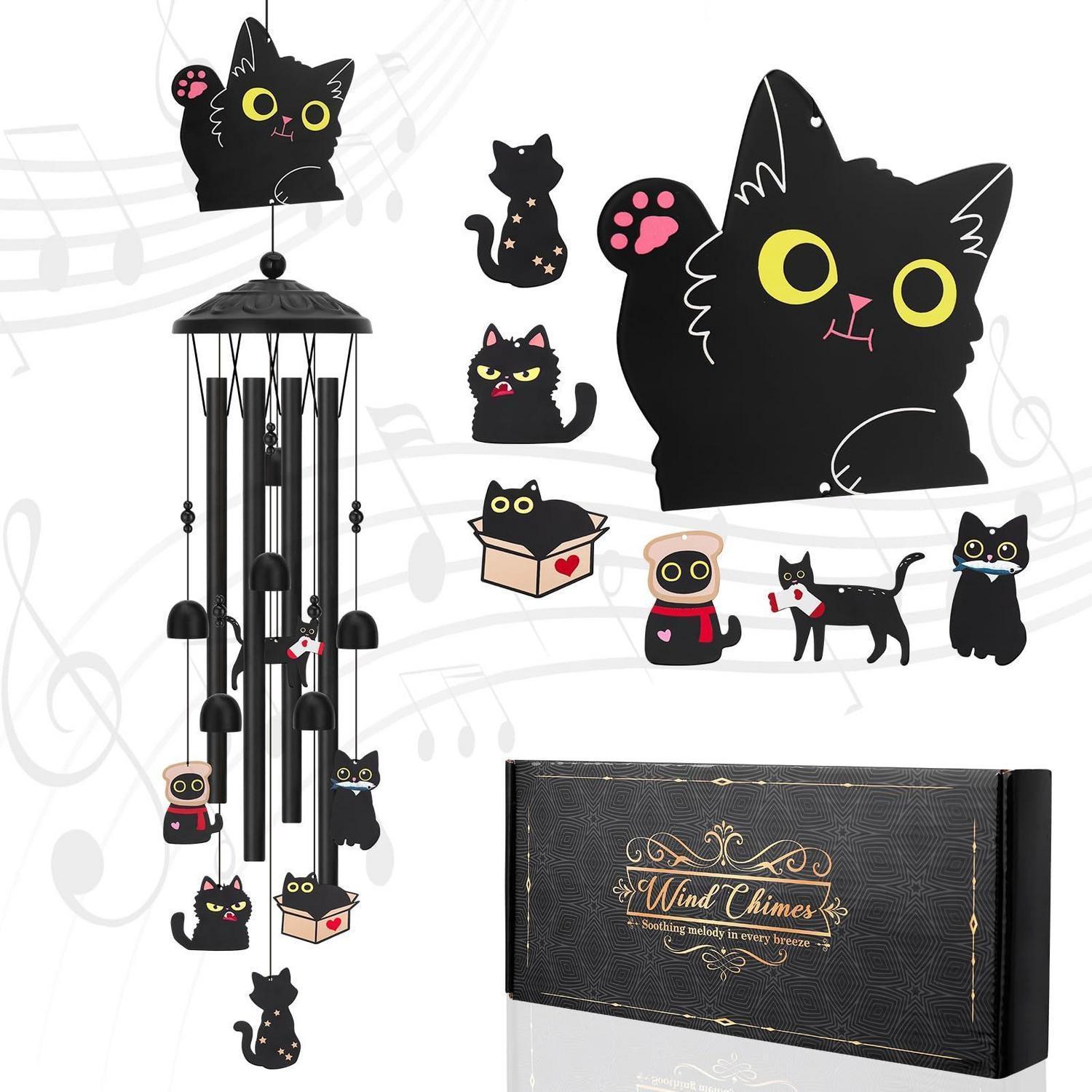 Windspiel Schwarze Katze Metall 90cm Mit Melodischen Tönen Für Garten & Balkon