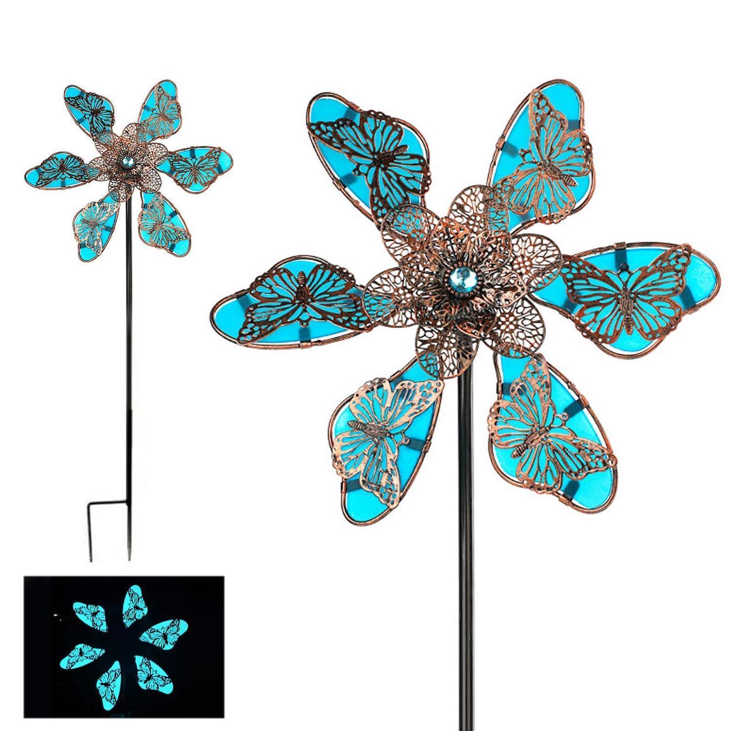 Windspiel Gartenstecker Metall Windmühle Blau Mit Nachleuchten Für Terrasse & Rasen
