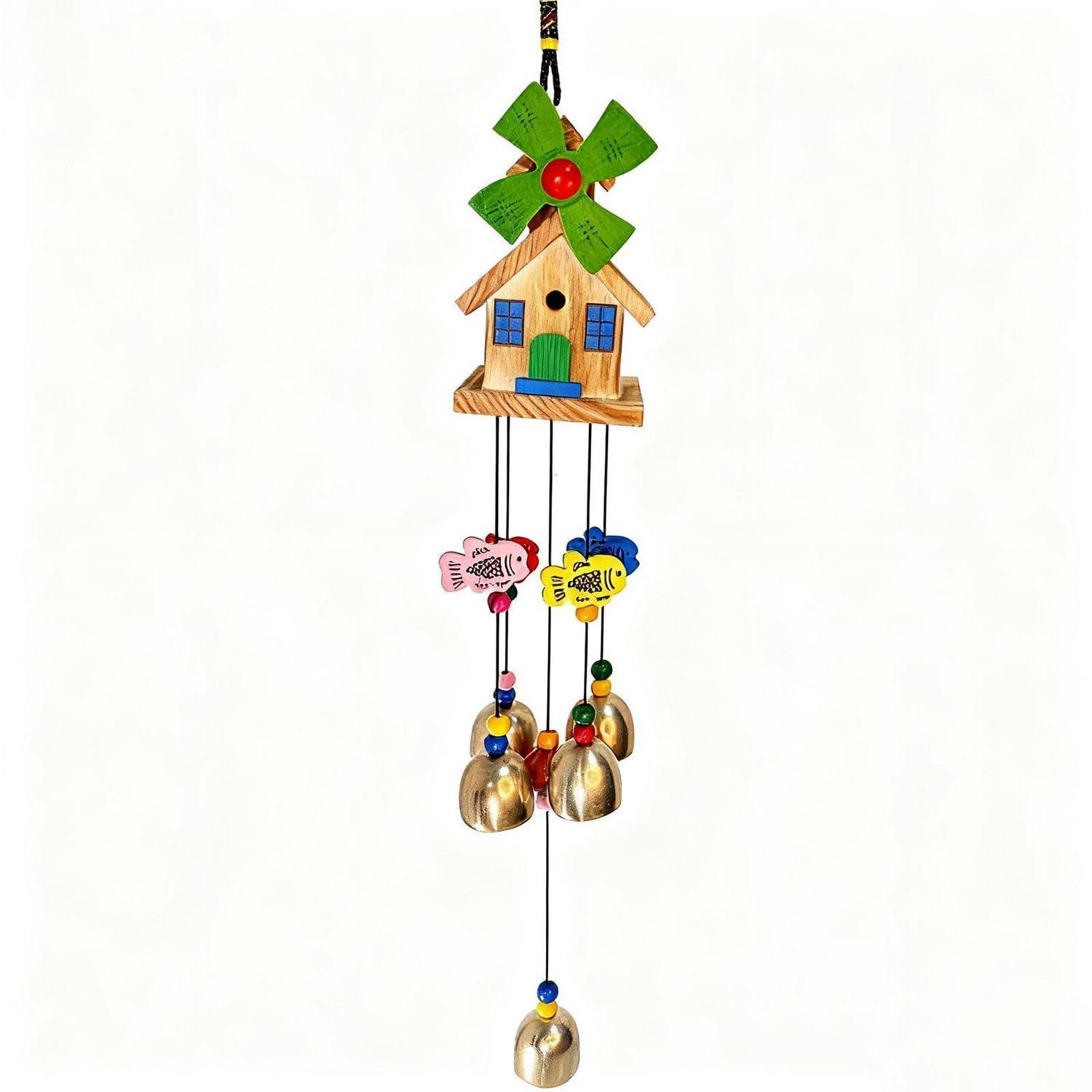 Holz Windspiel Haus & Windmühle Mit Metallglocken, Bunte Gartendeko Zum Aufhängen