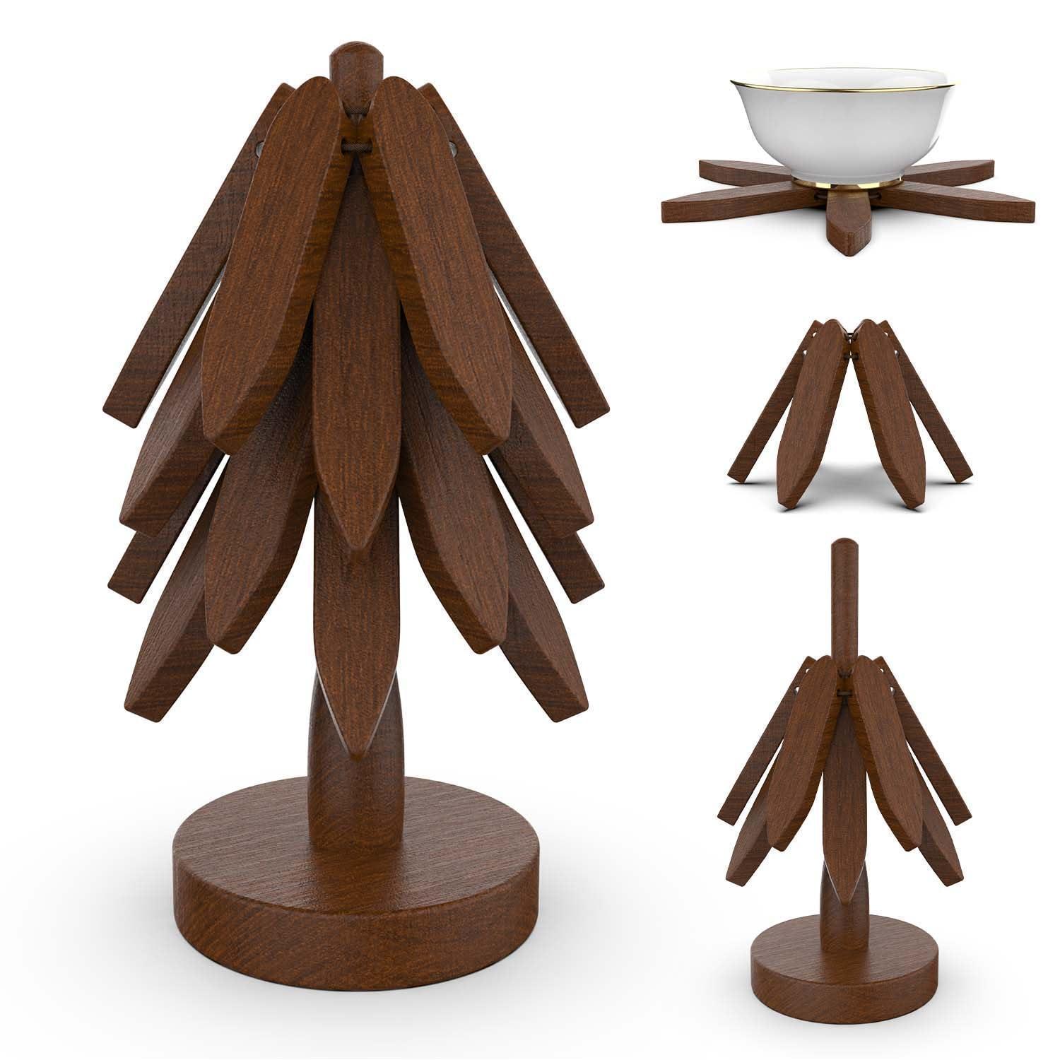 Holzuntersetzer Baumform 4er Set Mit Ständer Walnuss Für Heiße Gerichte