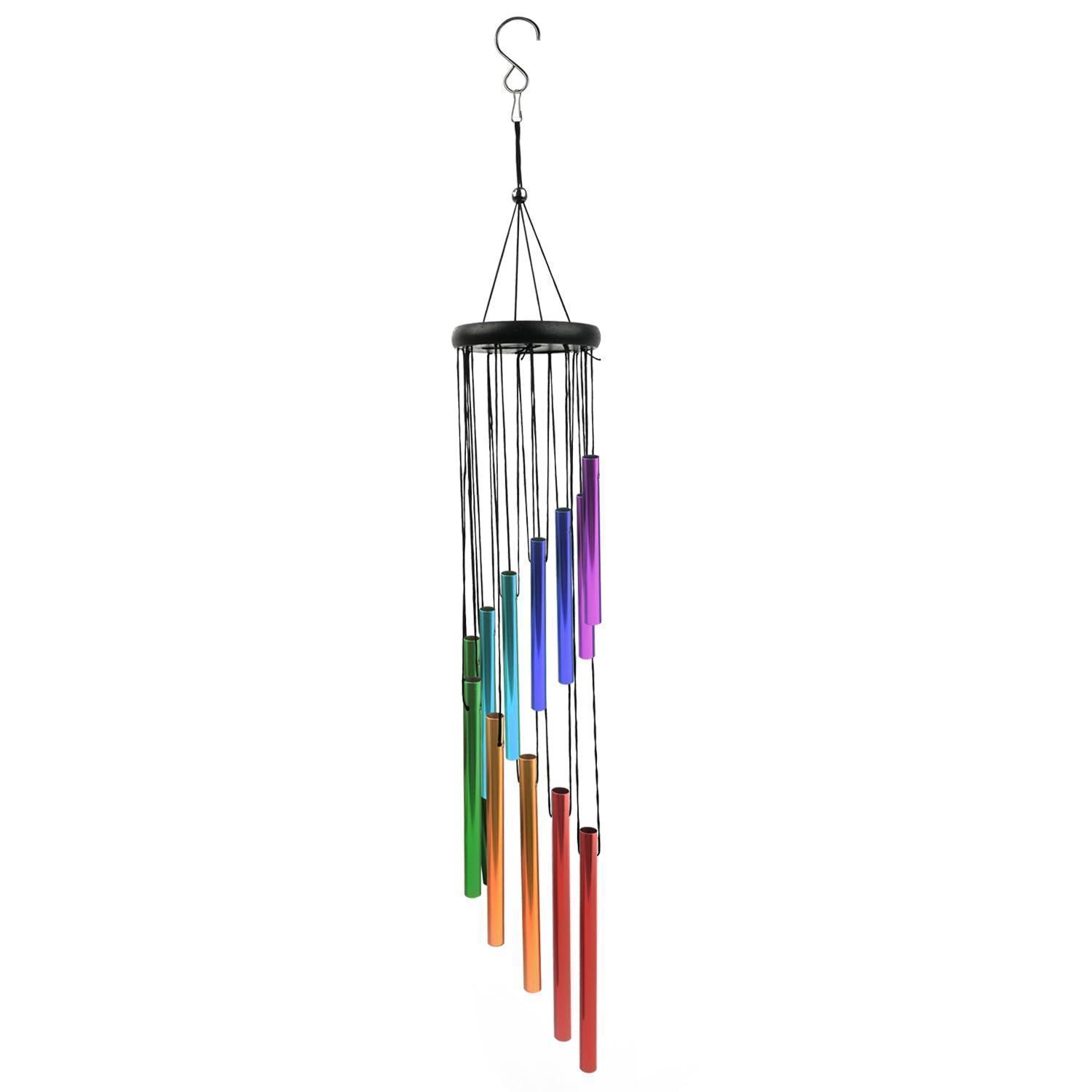 Windspiel Garten Deko Aluminium 58cm Bunt Hängend Mit Holzdeckel