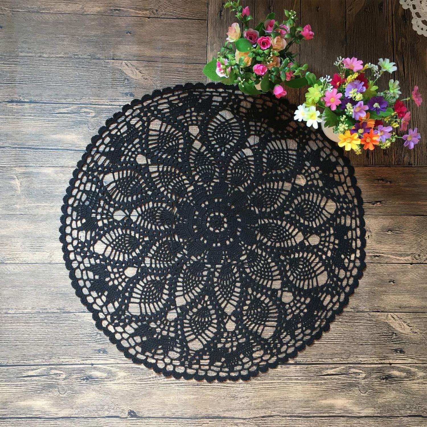 Häkeldeckchen 60 Cm Rund Baumwolle Schwarz Handgemacht Vintage Tischdecke