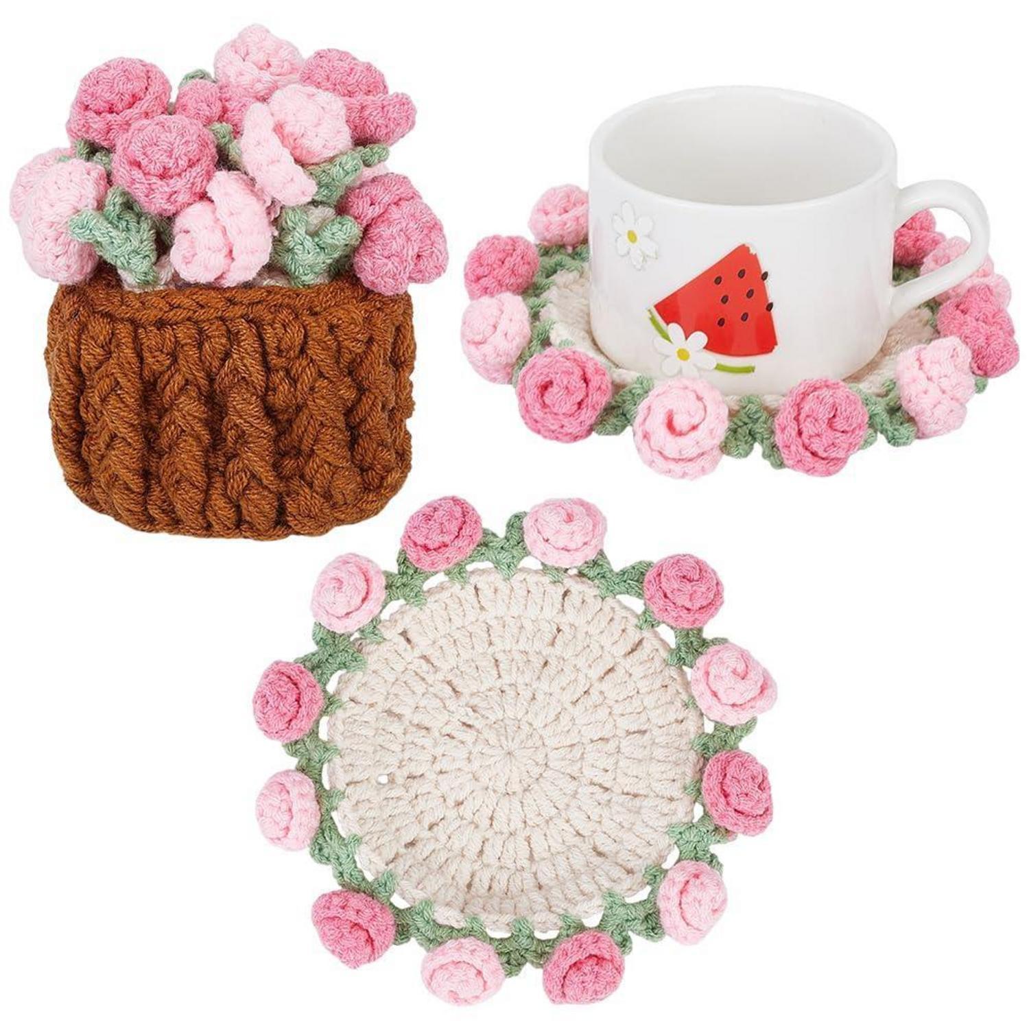 Handgehäkelte Untersetzer Mit Blumenmuster, Wollgarn, 1 Set Mit Blumenkorb