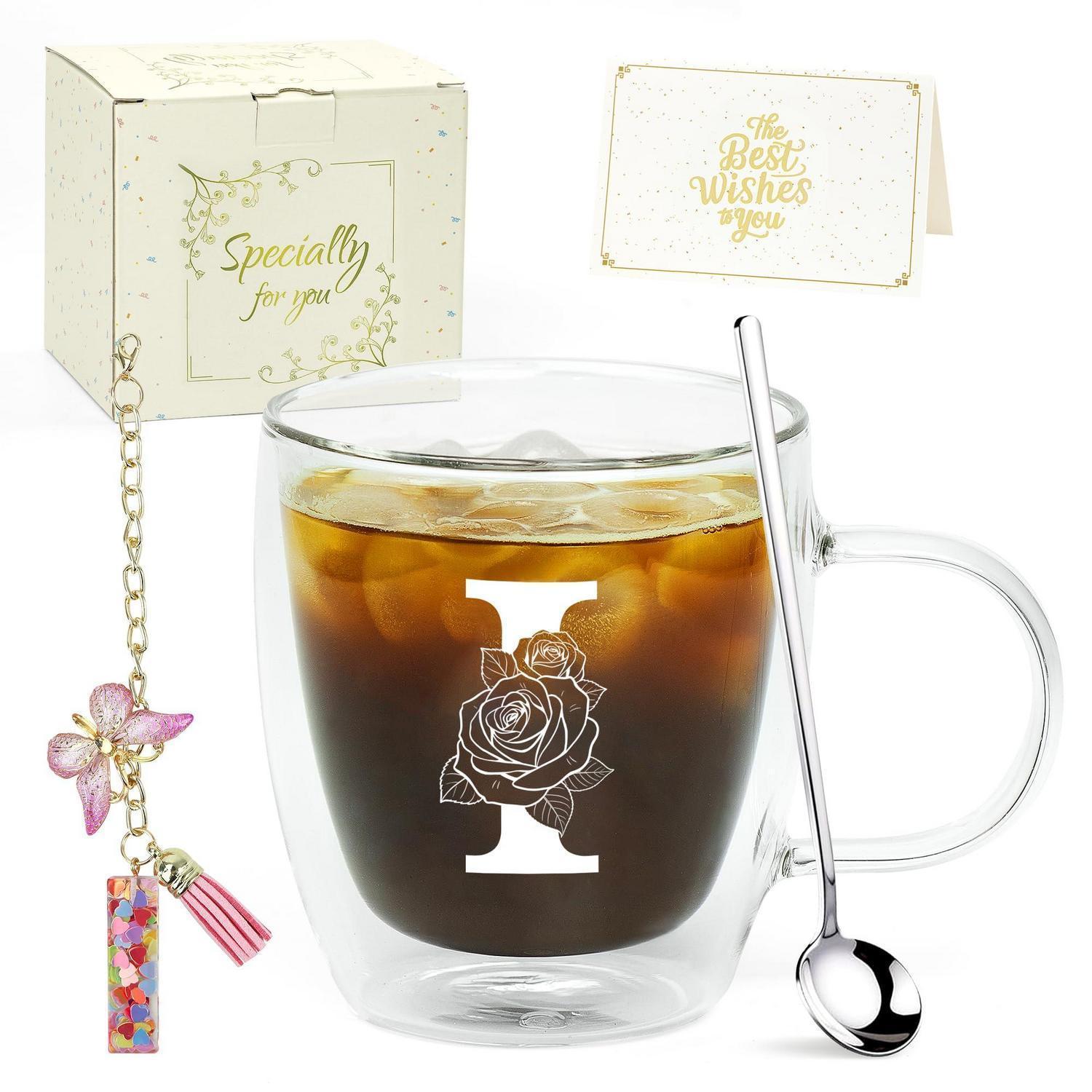 Latte Macchiato Glas Mit Initialen, Doppelwandig, Geschenkset Mit Löffel & Anhänger