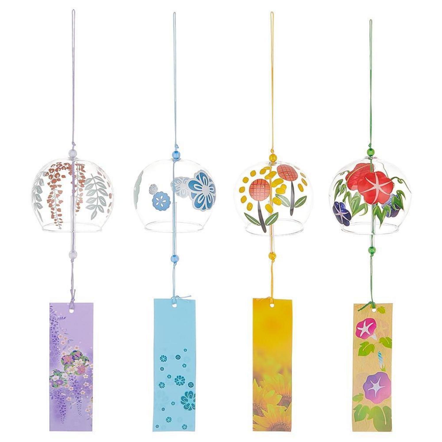 4er Set Japanische Glas-windspiele Mit Blumenmotiv Und Wunschkarten