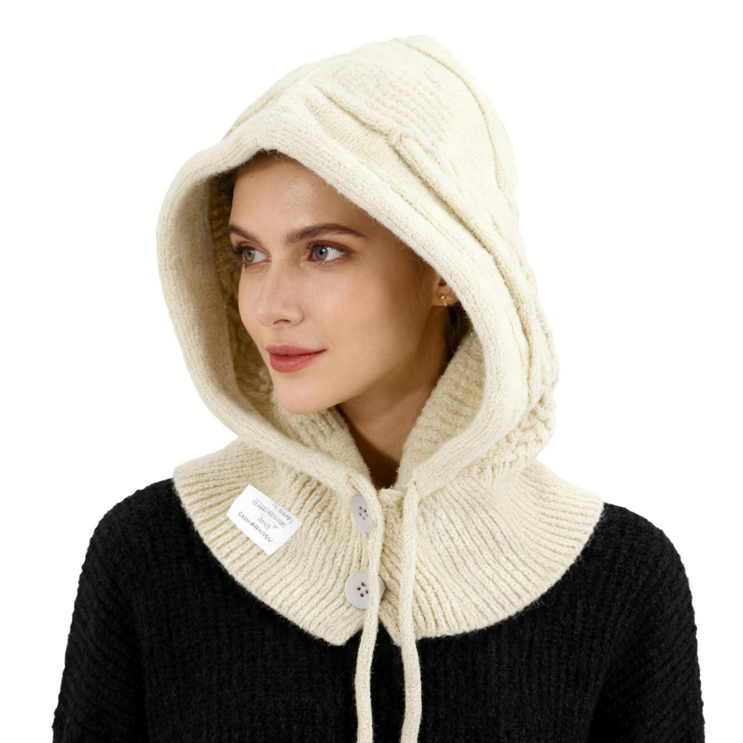 Damen Kapuzenschal 2-in-1 Thermo Strickmütze Nackenwärmer Winddicht Weiß