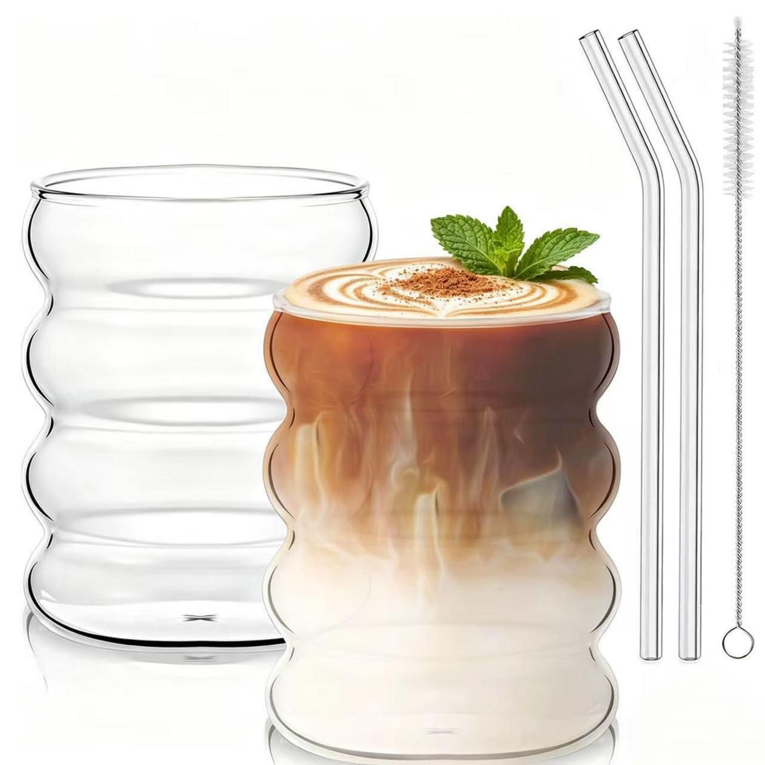 2er Set Latte Macchiato Gläser 300ml, Gewellt, Mit Glasstrohhalmen