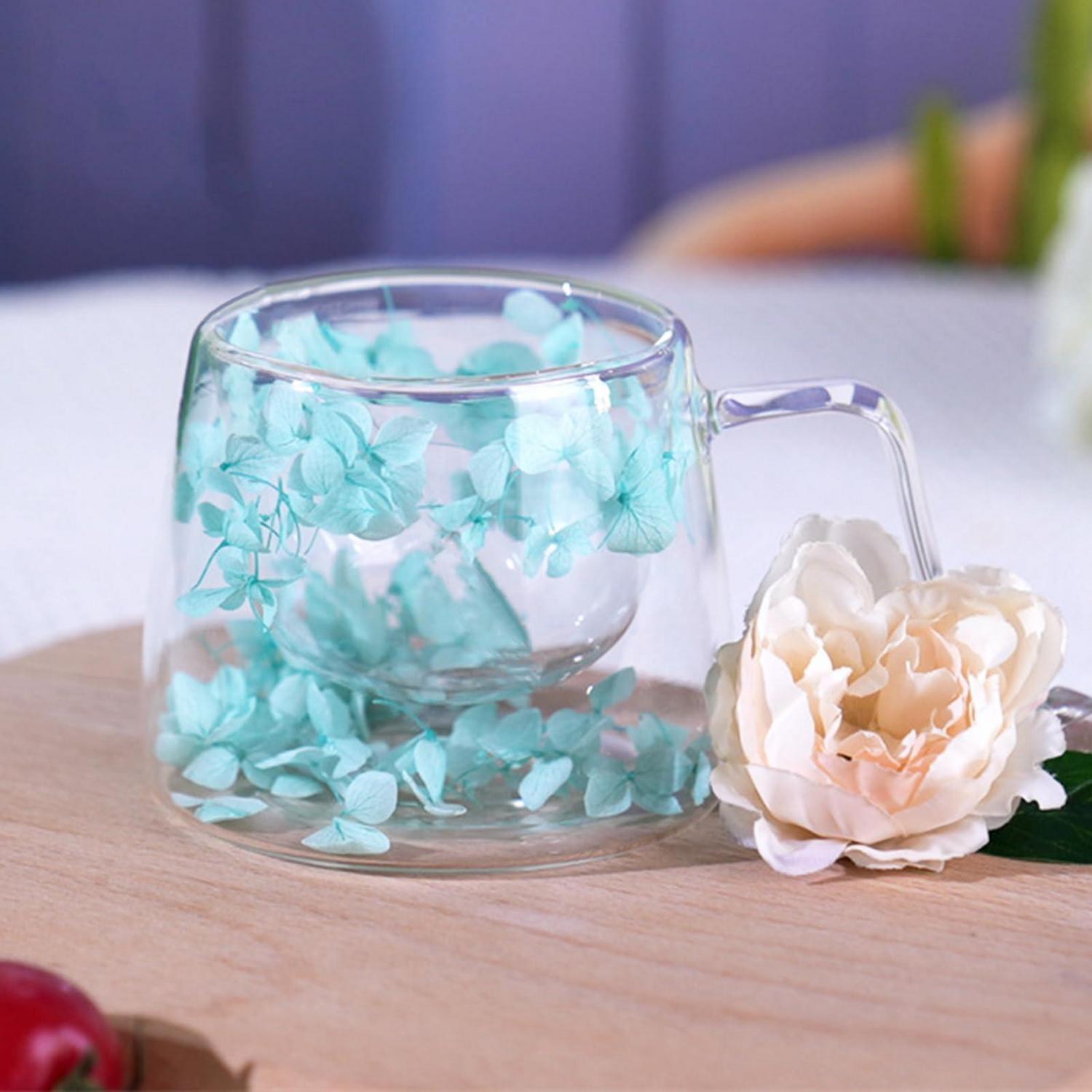 Doppelwandiges Glas Mit Getrockneten Blumen, 200ml, Mit Griff, Für Latte Macchiato & Cappuccino, Blau-grün
