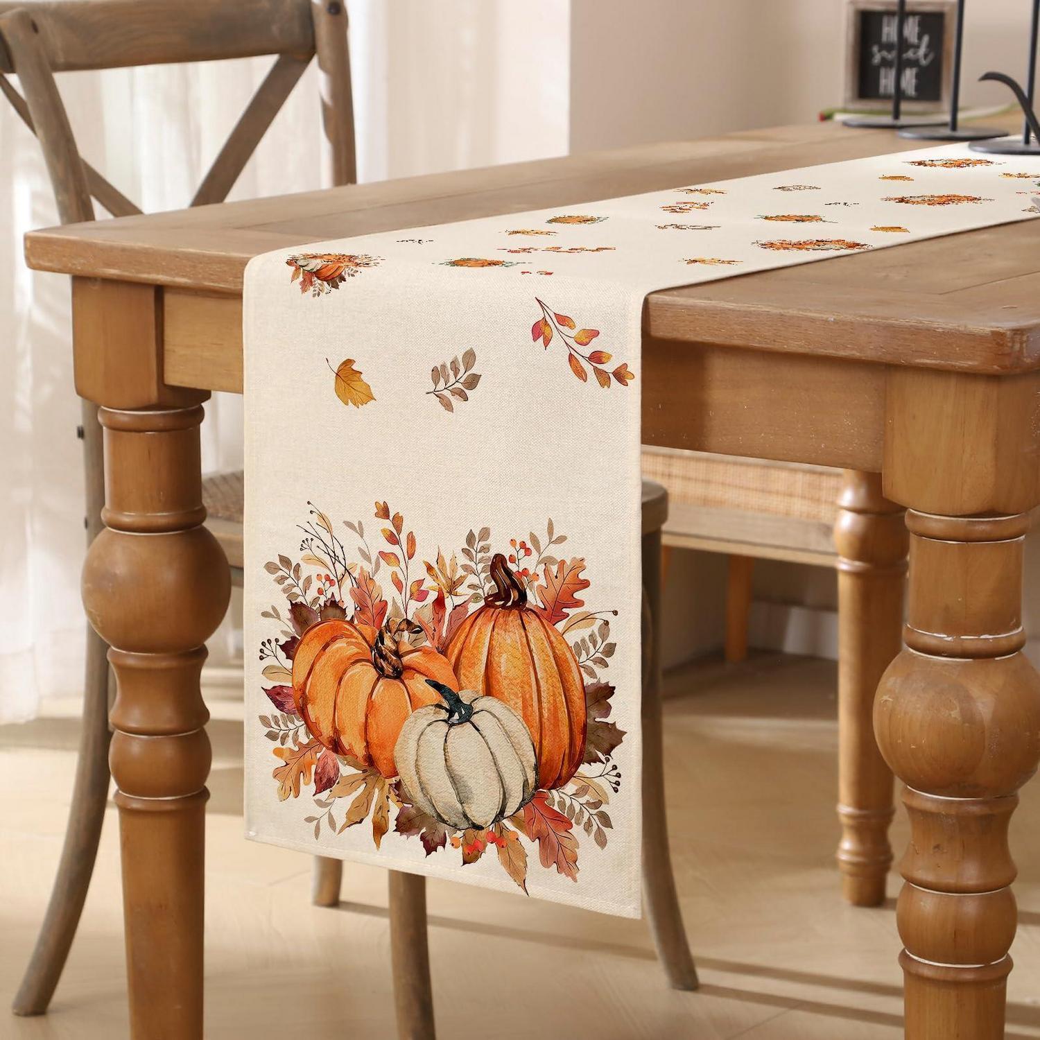 Tischläufer Herbst Orange Kürbis Blätter 33x183cm Abwaschbar Landhausstil Deko