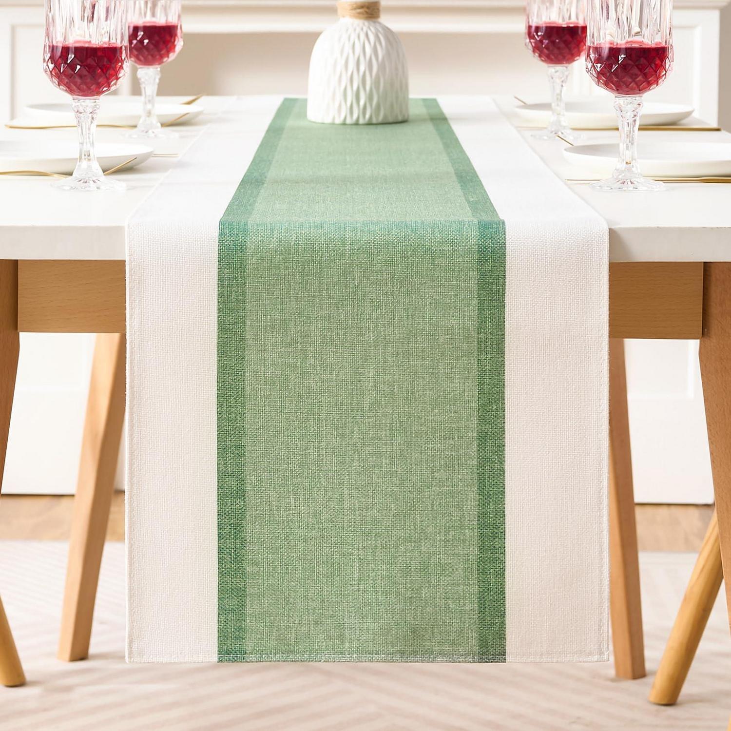 Tischläufer Grün 33x183 Cm Baumwolle Leinen Wasserfest Boho Landhausstil