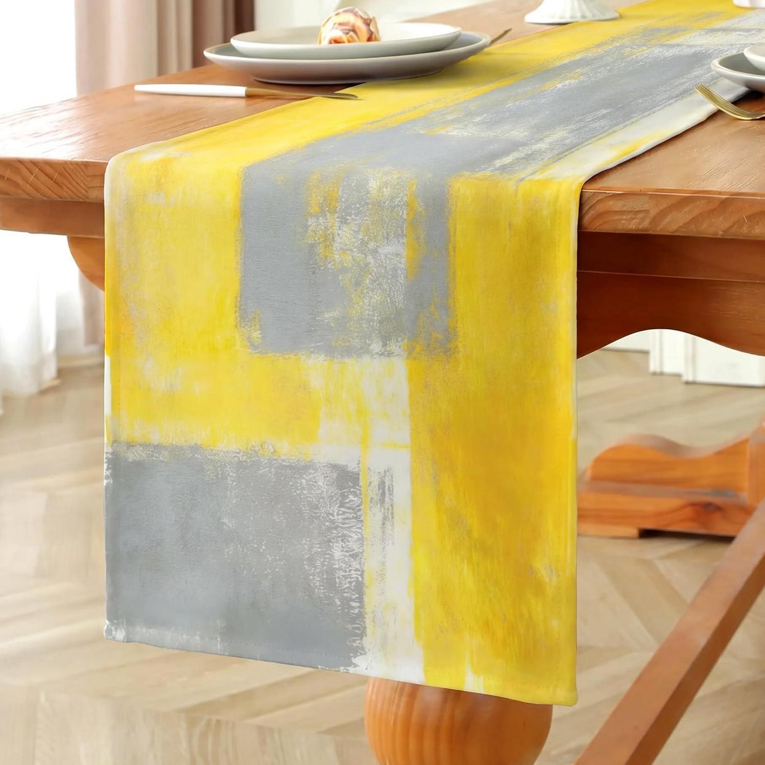 Tischläufer Leinen Abstraktes Ölgemälde Landhausstil Gelb 33x183 Cm