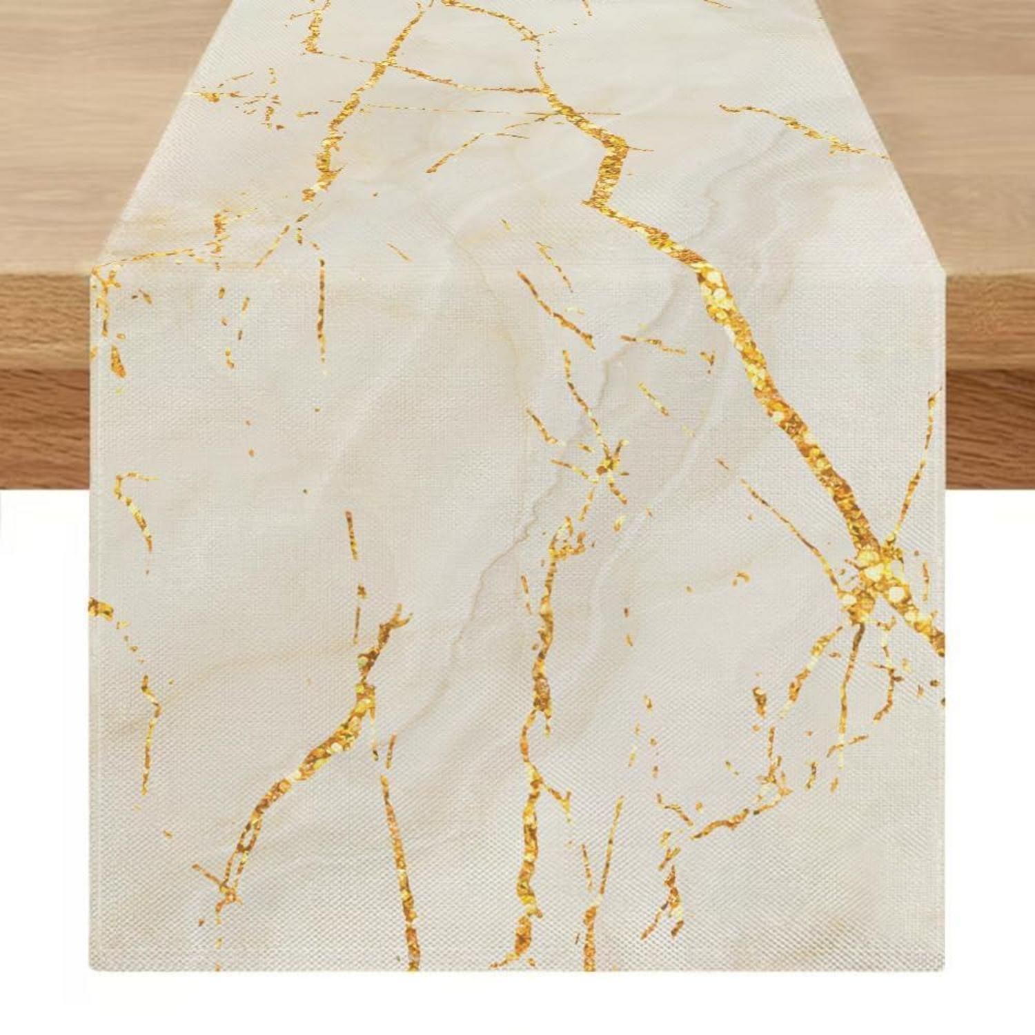 Tischläufer Marmoroptik Weiß Gold 40x140 Cm Leinenoptik Abstrakt