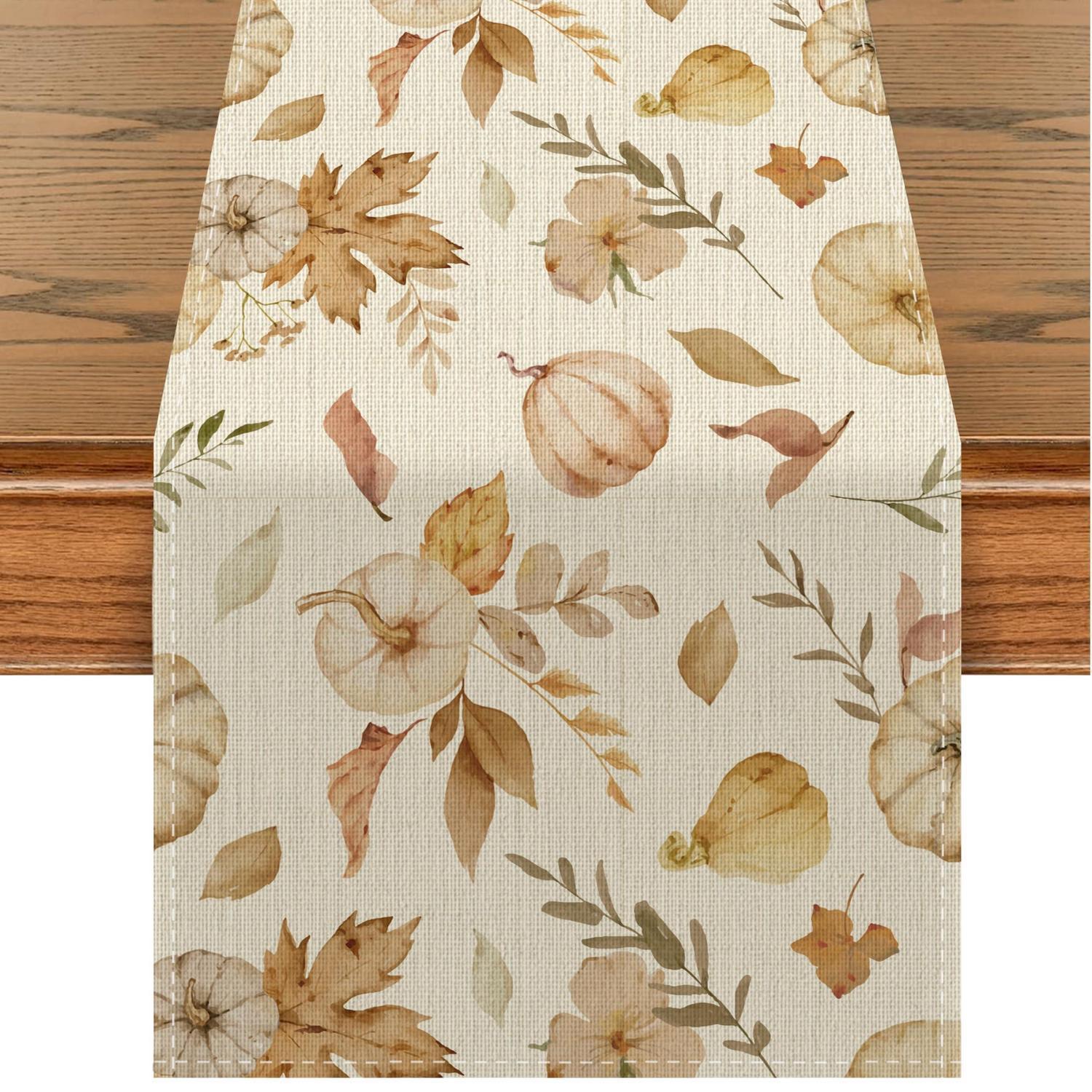 Herbst Tischläufer Mit Ahornblatt & Kürbis Motiv, 40x140 Cm, Beige