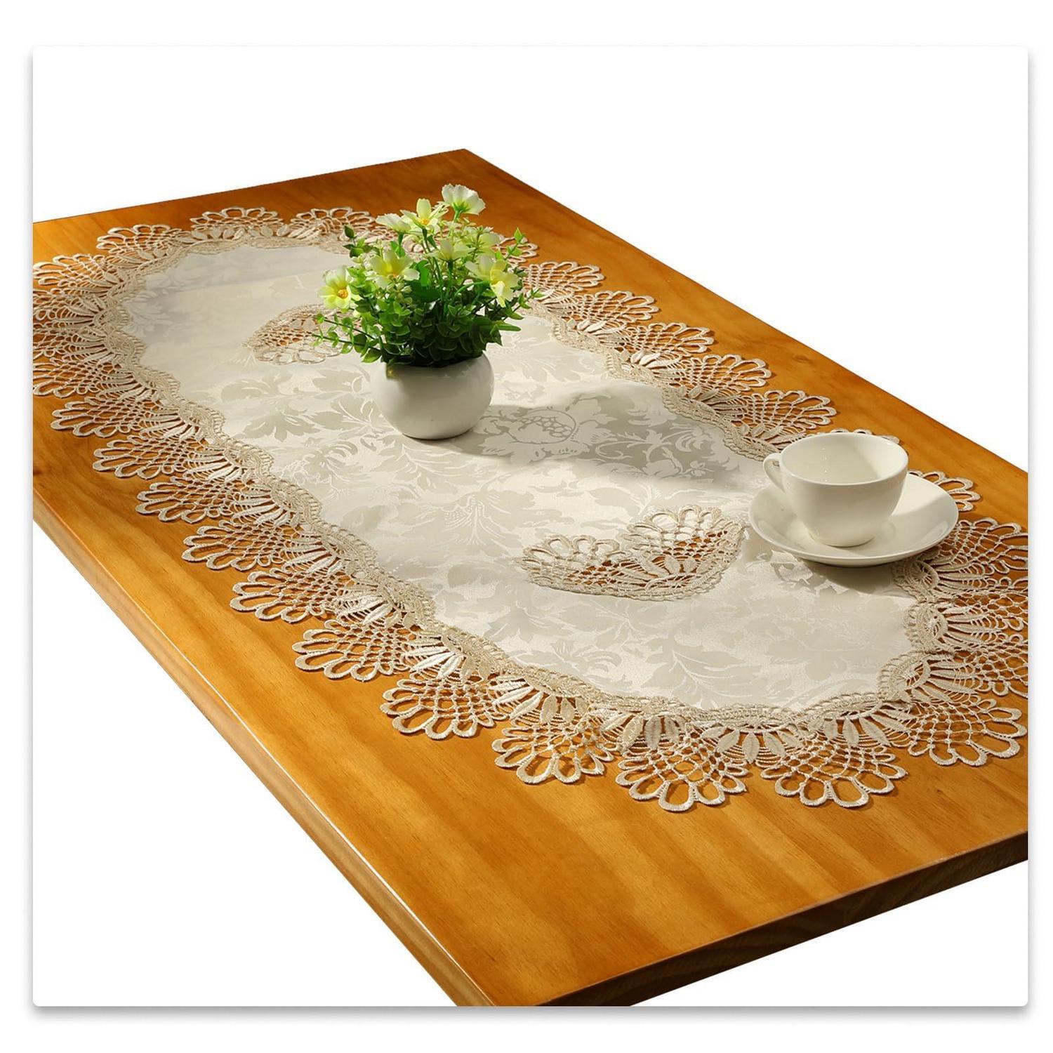 Oval Tischläufer Mit Spitze, 60x120cm, Champagner