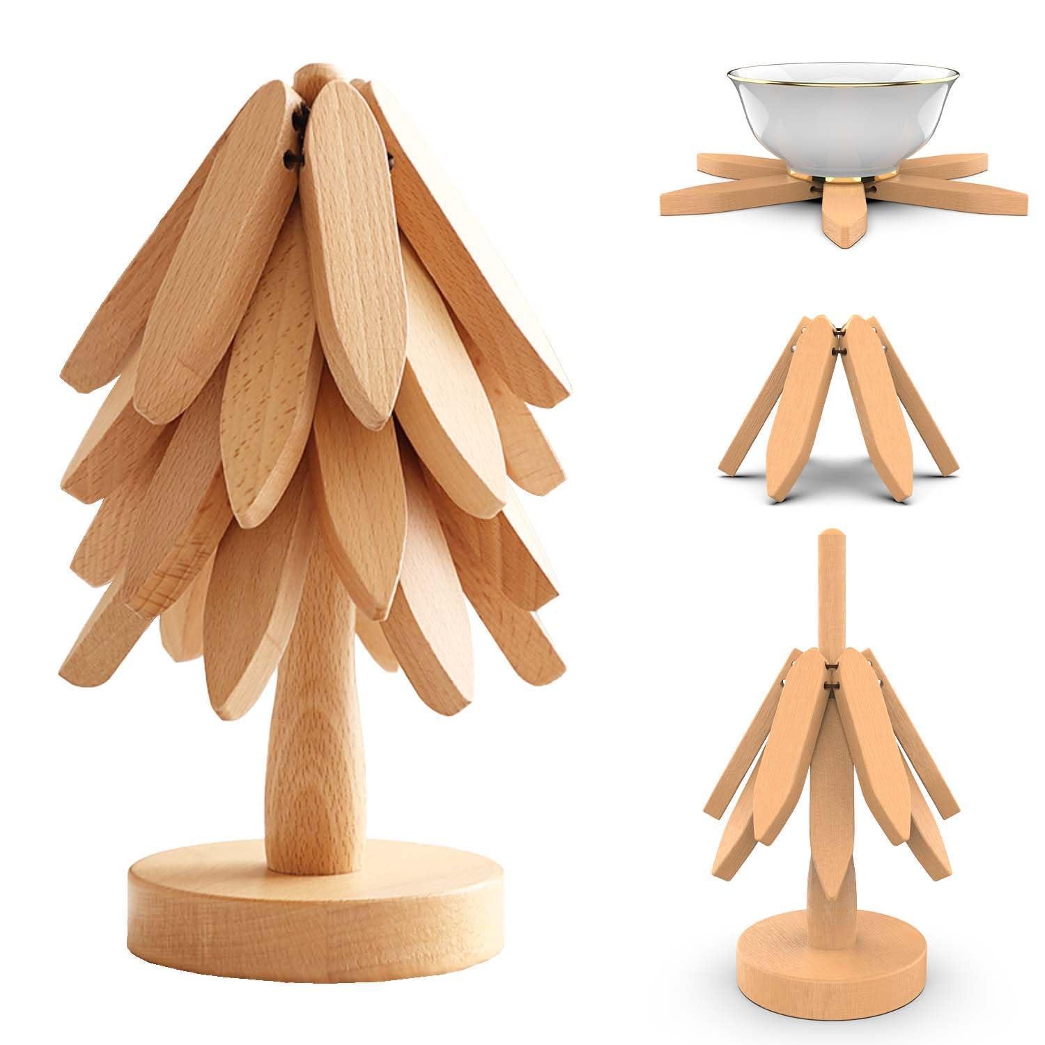 Holzuntersetzer Baumform, 4er Set Mit Ständer, Faltbar, Buchenholz