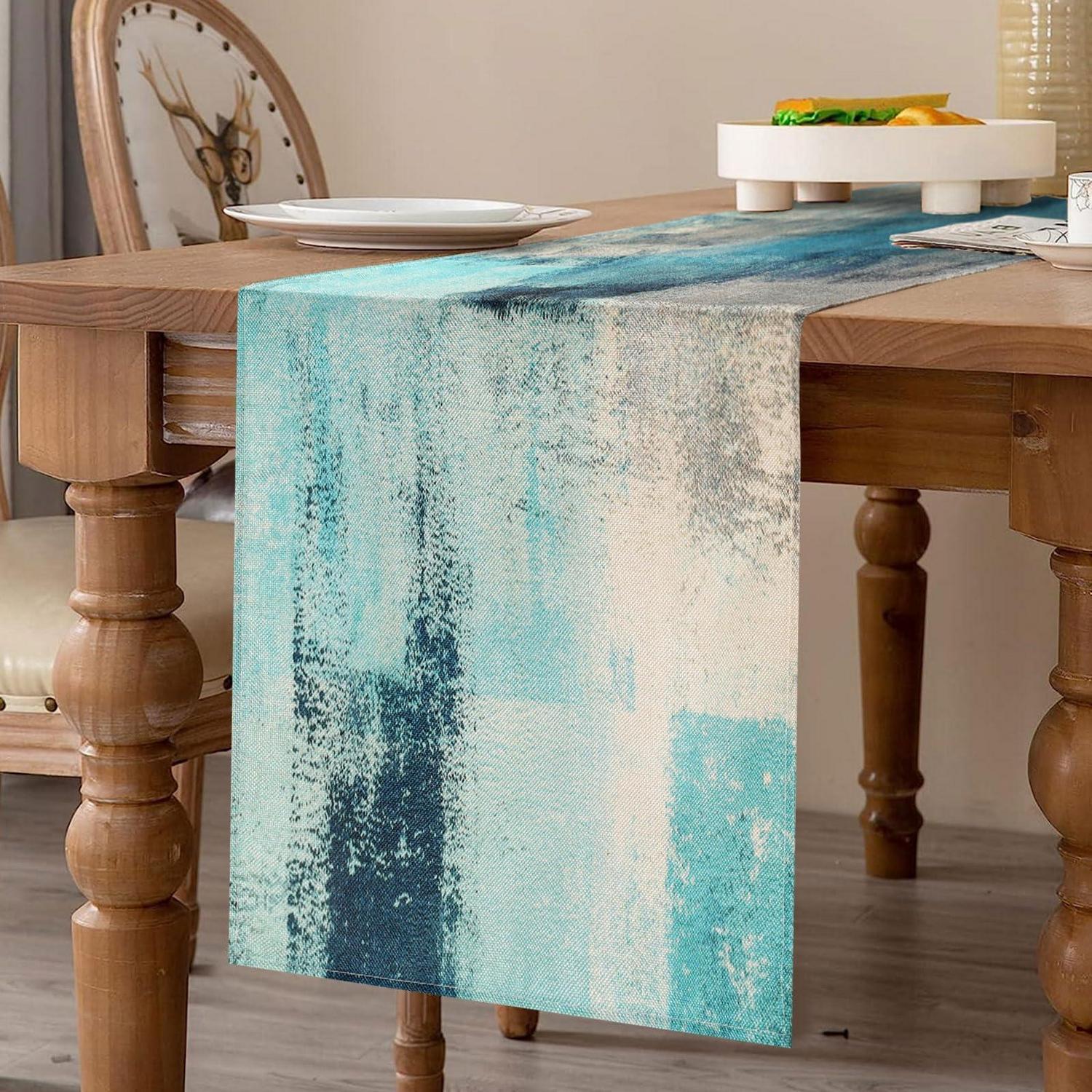 Tischläufer Blaugrün 40x140 Cm Leinen Modern Abstrakt Für Esszimmer & Küche