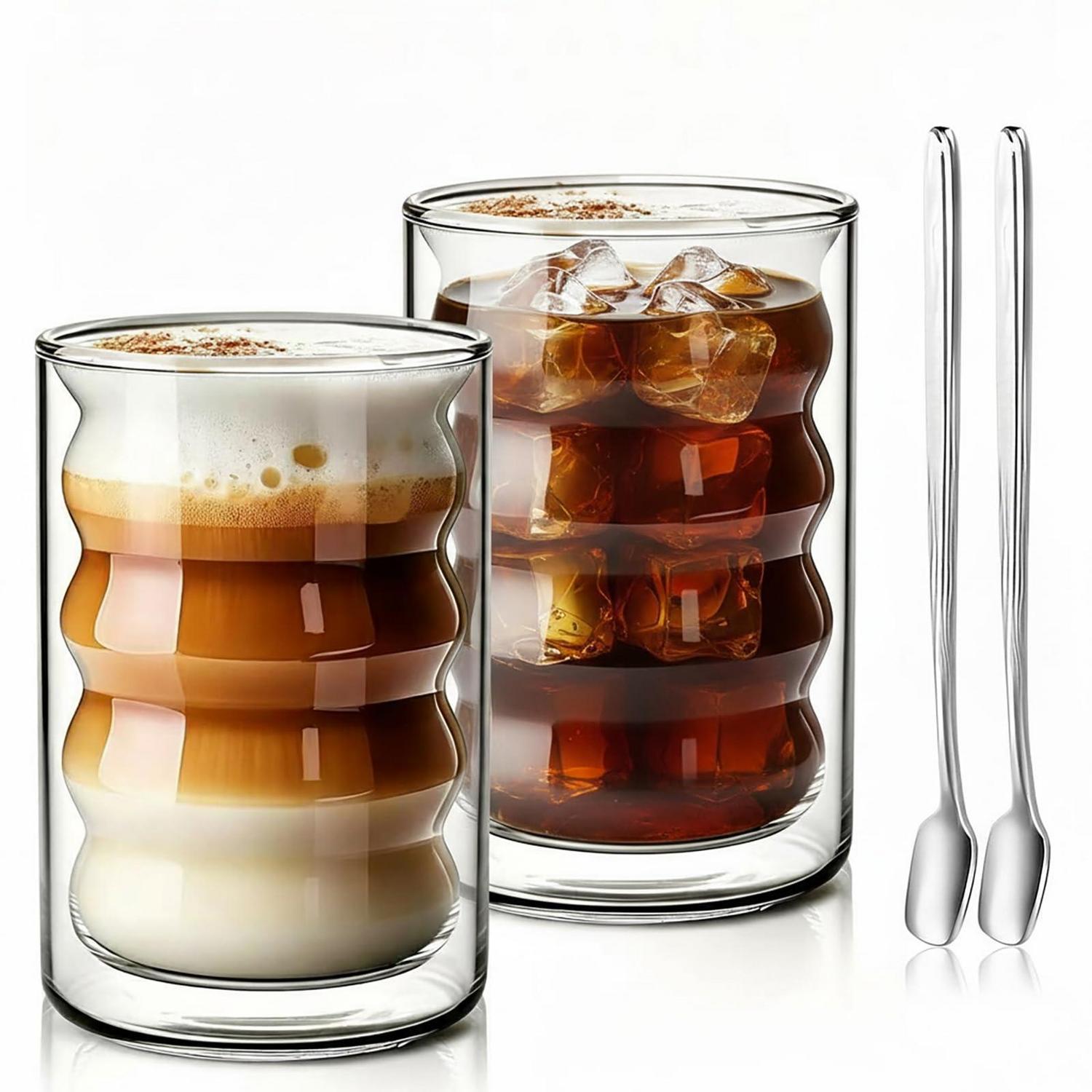 2er Set Doppelwandige Latte Macchiato Gläser 350ml Mit Rührlöffeln
