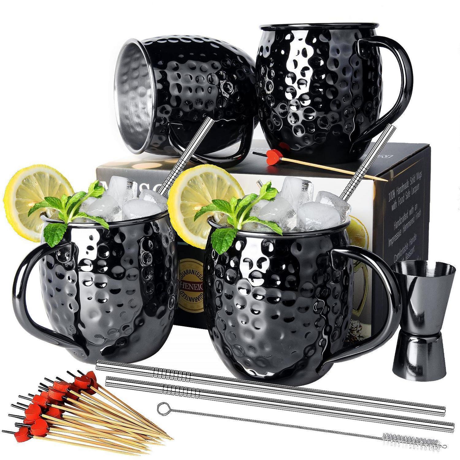Moscow Mule Becher Set 4 Stück Schwarz Edelstahl 530ml Mit Griffen