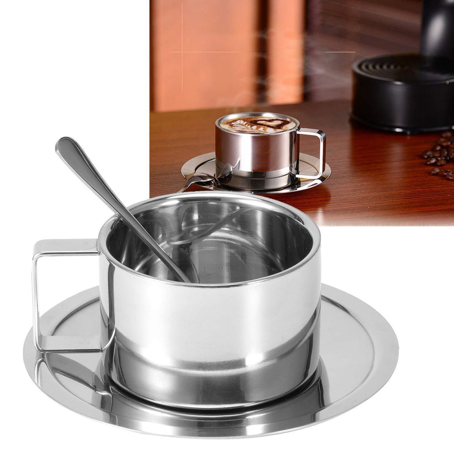 Kaffeetassen-set Edelstahl Doppelwandig Mit Untertasse Und Löffel Silber