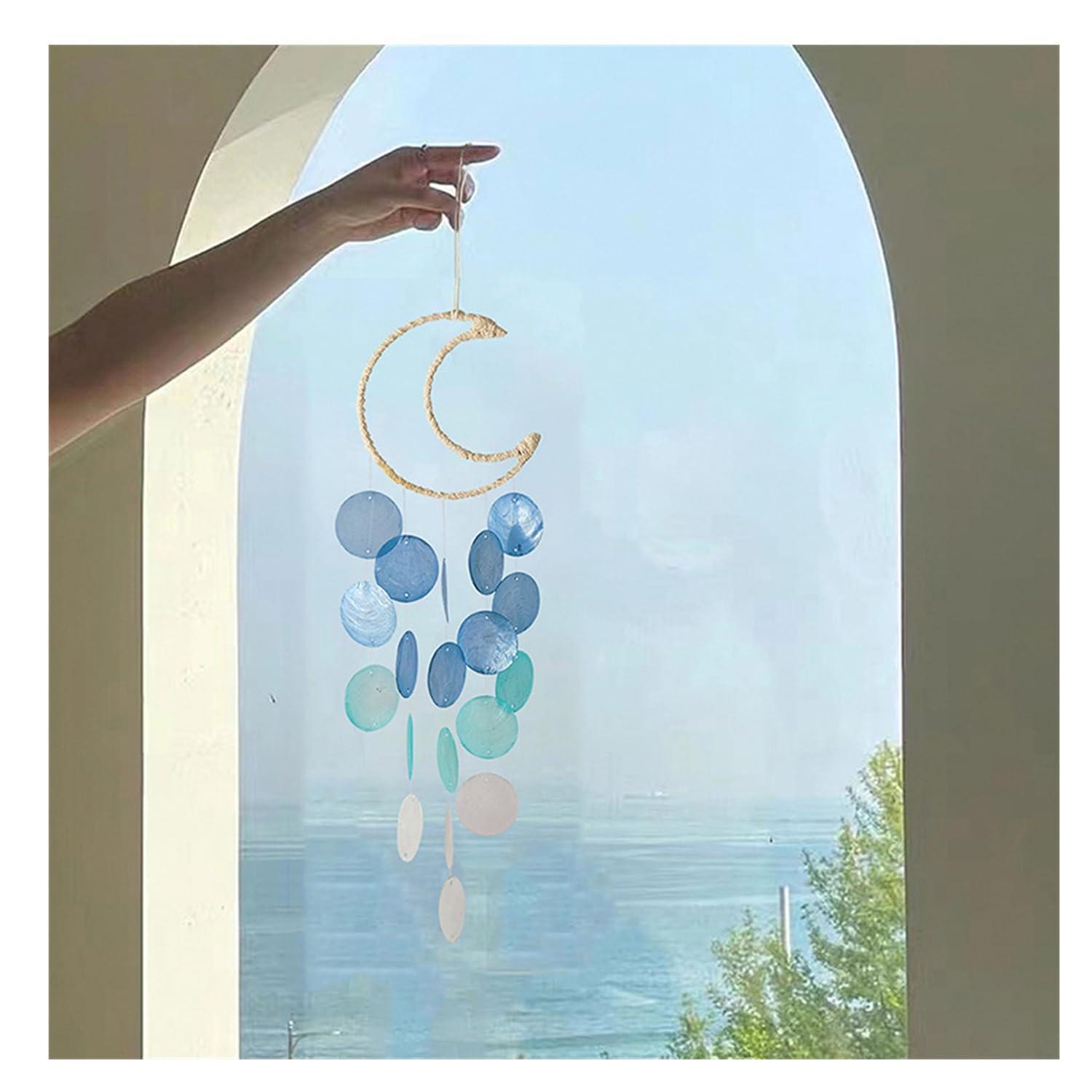 Muschel Windspiel Mond Mit Perlmutt-scheiben, 55cm, Blau