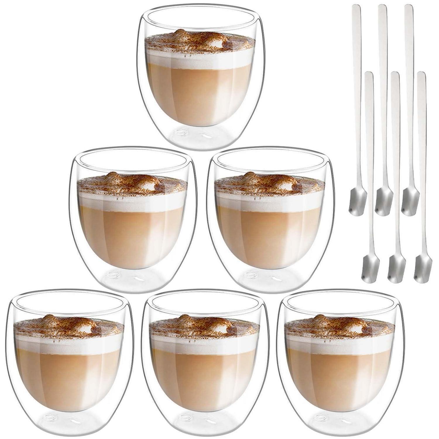 Doppelwandige Gläser Set 6x 250ml Mit Löffeln Für Latte Macchiato, Cappuccino, Espresso