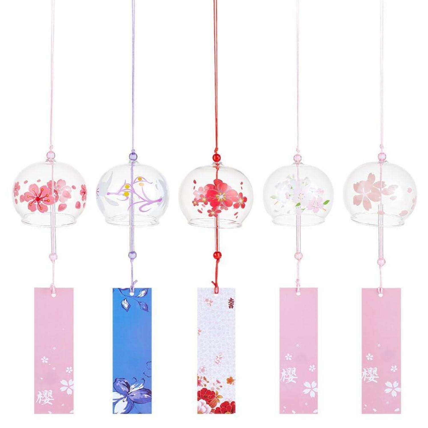 Glas Windspiel Set 5 Stück Kirschblüten Motiv Japanisch Handgefertigt Dekoration