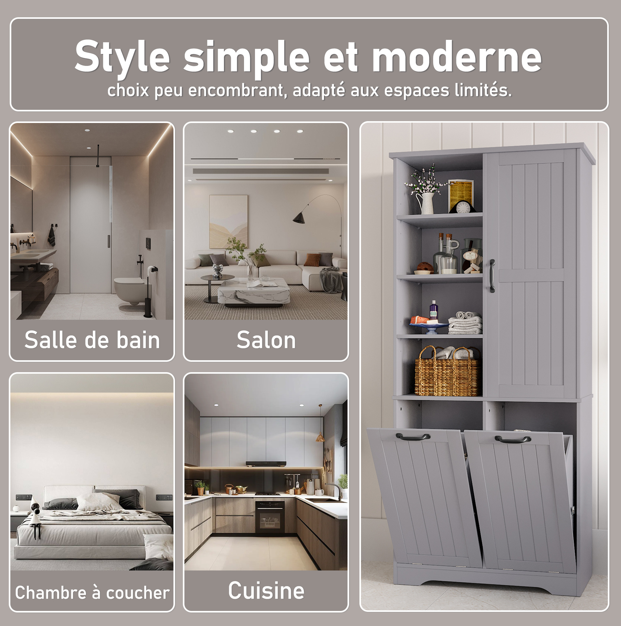 Badezimmerschrank 78 X 35 X 172,7 Cm Mdf Grau, 2 Wäschekörbe, Platzsparend – Meubliv