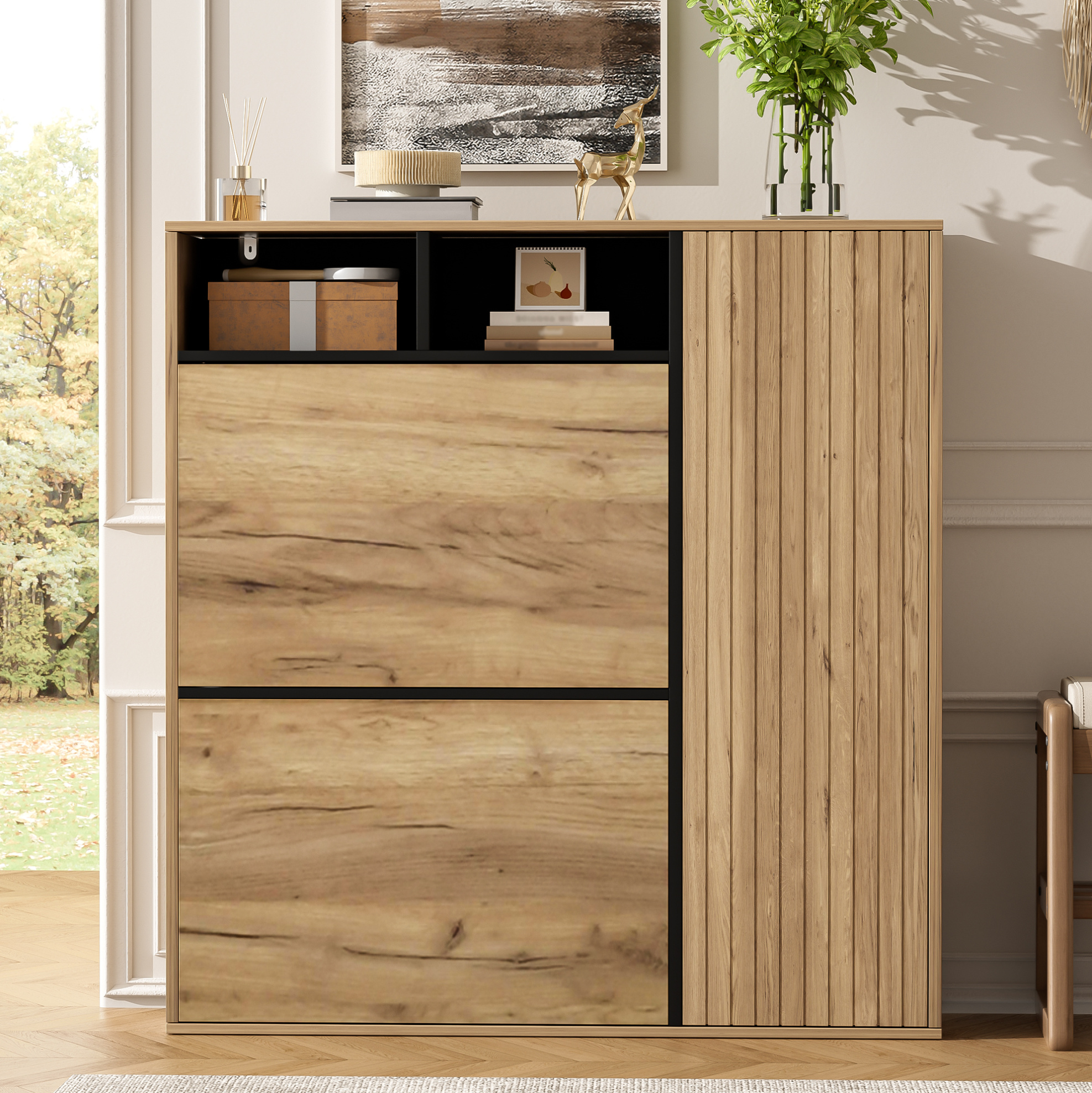 Schuhschrank 90 X 24 X 94 Cm Aus Mdf, Schwarz/natur, 2 Klappen – Meubliv
