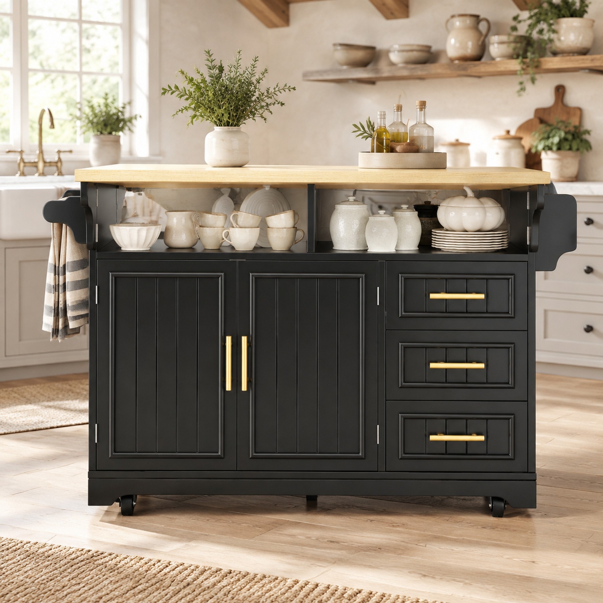 Mobile Kücheninsel 143x80x95 Cm Aus Mdf/metall, Schwarz, Mit Klappseiten – Meubliv