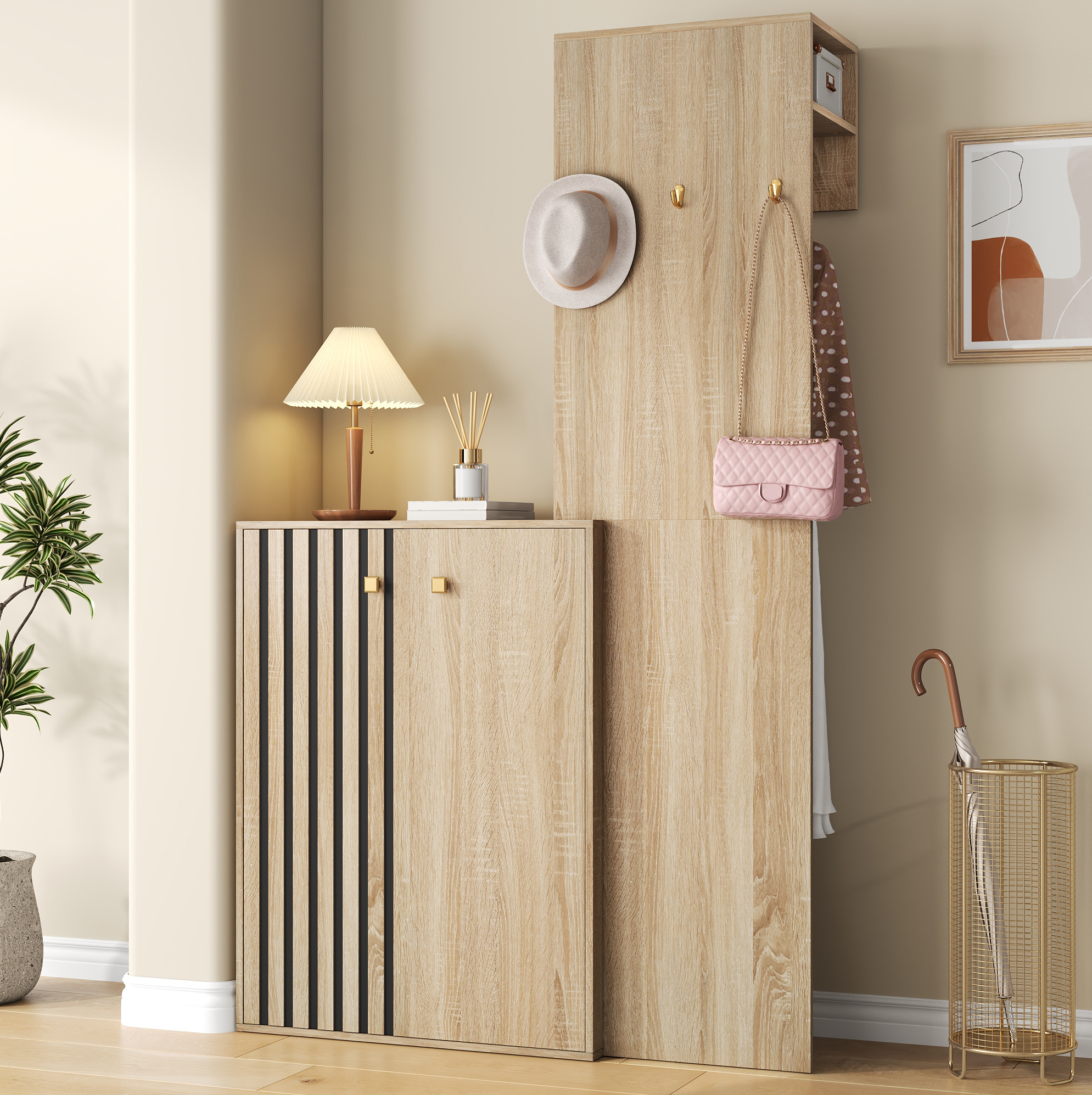 Meubliv Garderobe 115 × 38,5 × 191,5 Cm Aus Naturfarbenem Mdf Mit Schuhaufbewahrung