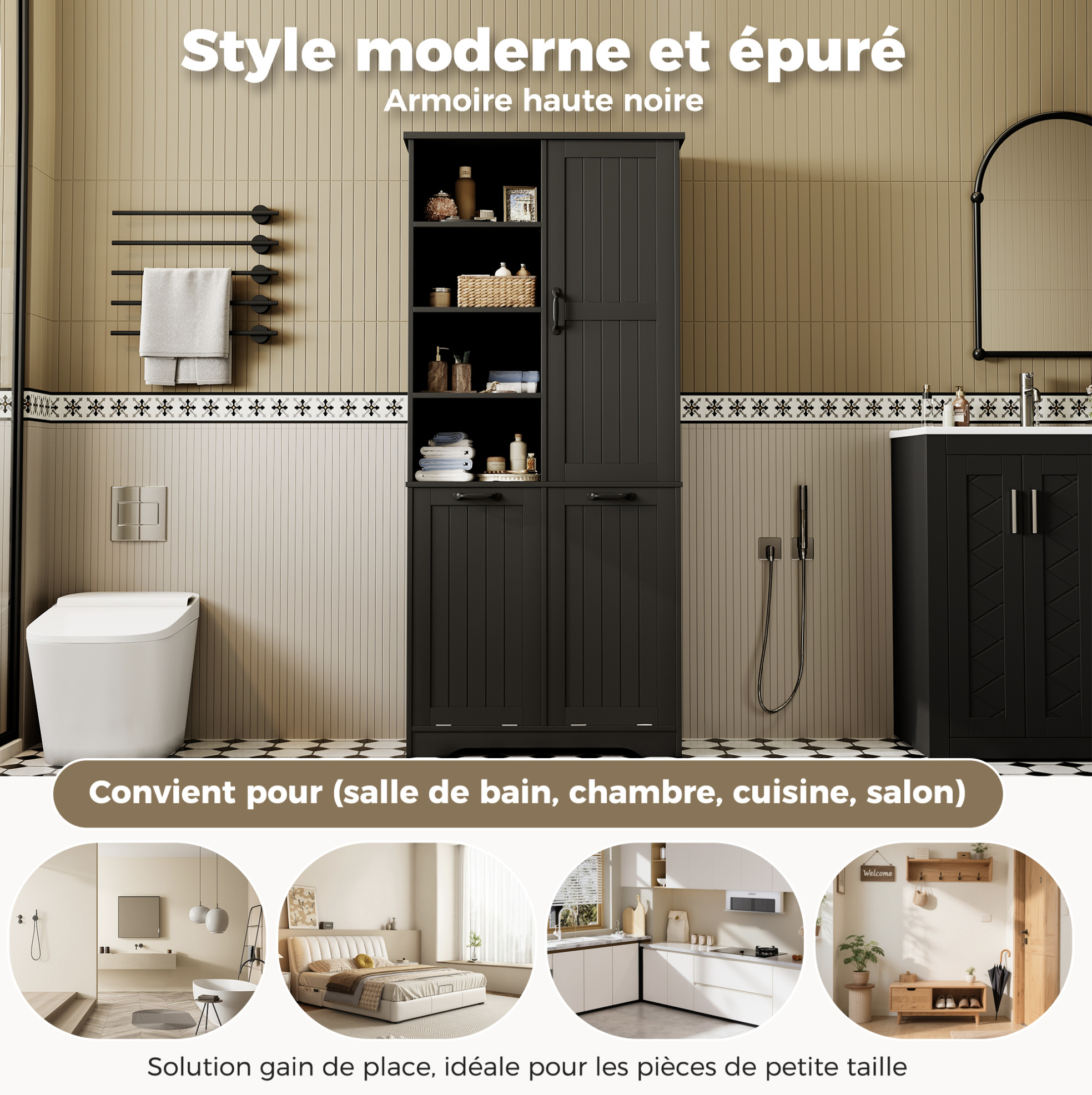 Badezimmerschrank 78 X 35 X 172,7 Cm Aus Schwarzem Mdf Mit 2 Wäschekörben – Meubliv