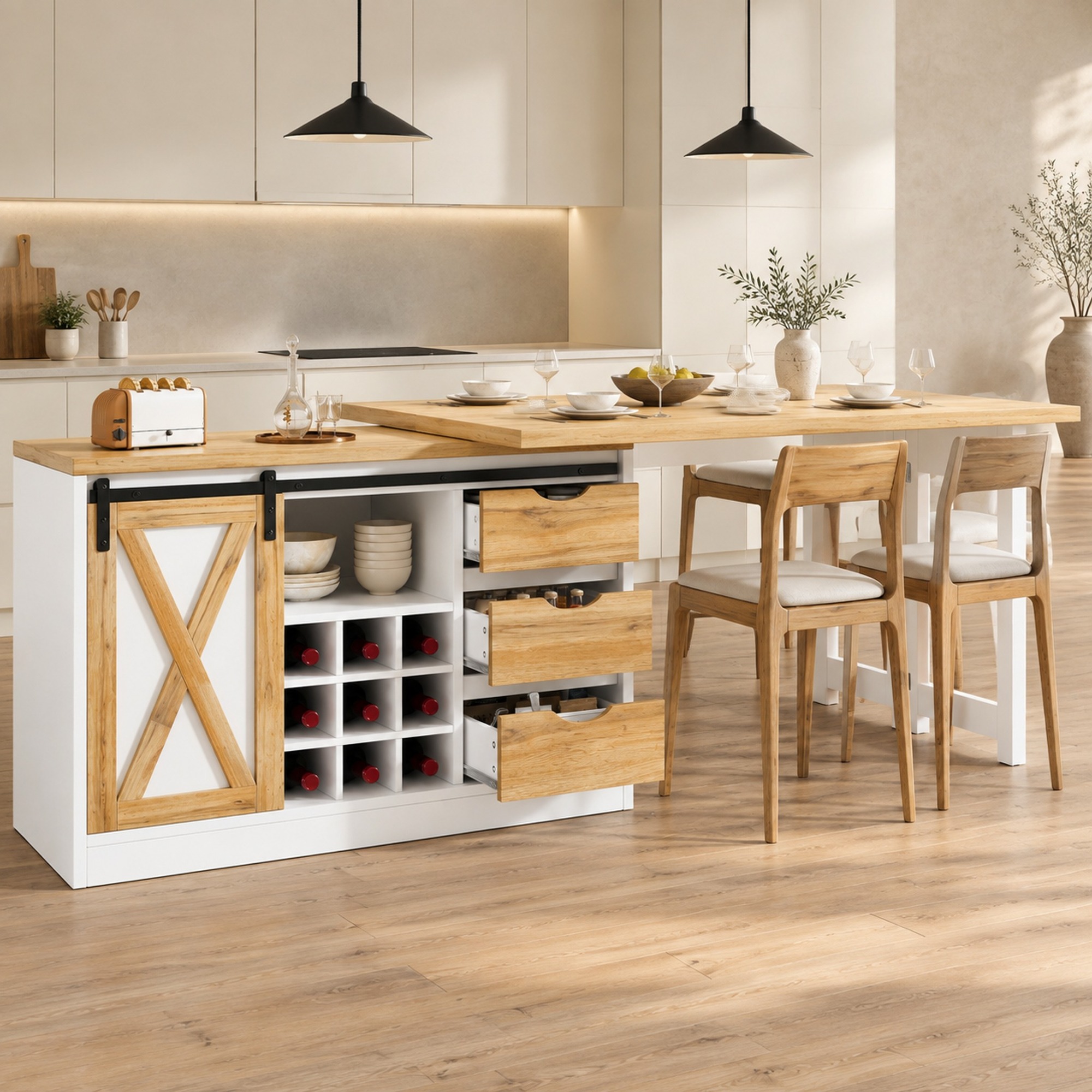 Ausziehbare Kücheninsel 120–197x40x72 Cm Aus Weißem Mdf Mit Stauraum – Meubliv