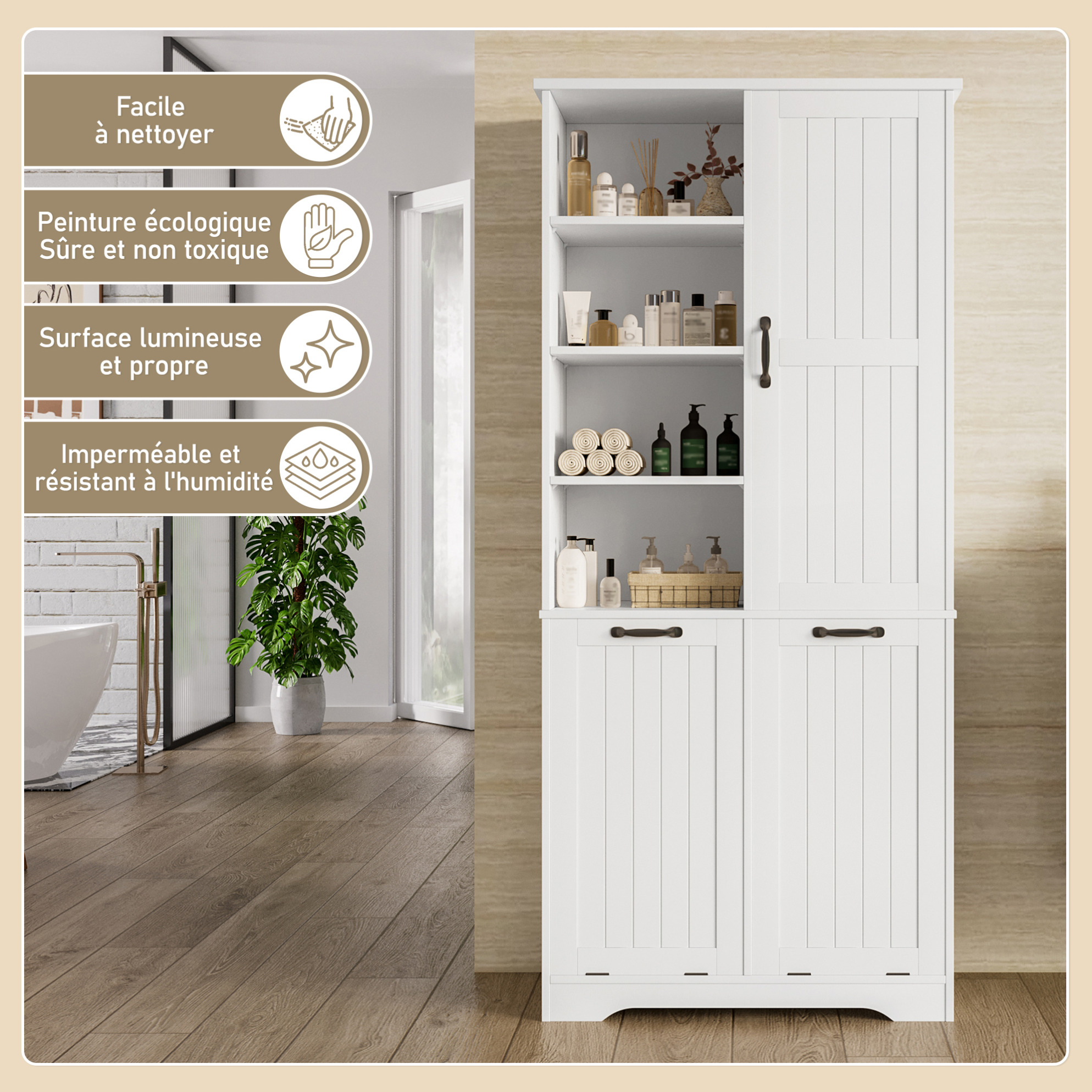 Badezimmerschrank 78×35×172,7 Cm Aus Weißem Mdf Mit 2 Körben – Meubliv