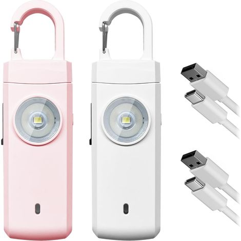 2er-pack Persönlicher Taschenalarm Mit 130 Db Und Led-blitz, Wiederaufladbar, Anti-gag, Schlüsselanhänger Für Frauen, Kinder Und Ältere Menschen – Weiß Und Rosa