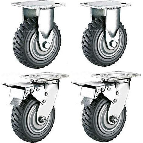 4er-set Schwerlast-lenkrollen, 150 Mm, Mit 360°-drehbremse, Vollgummi, Pneumatisch, Tragfähigkeit 900 Kg, (2 Bockrollen + 2 Bremsrollen)