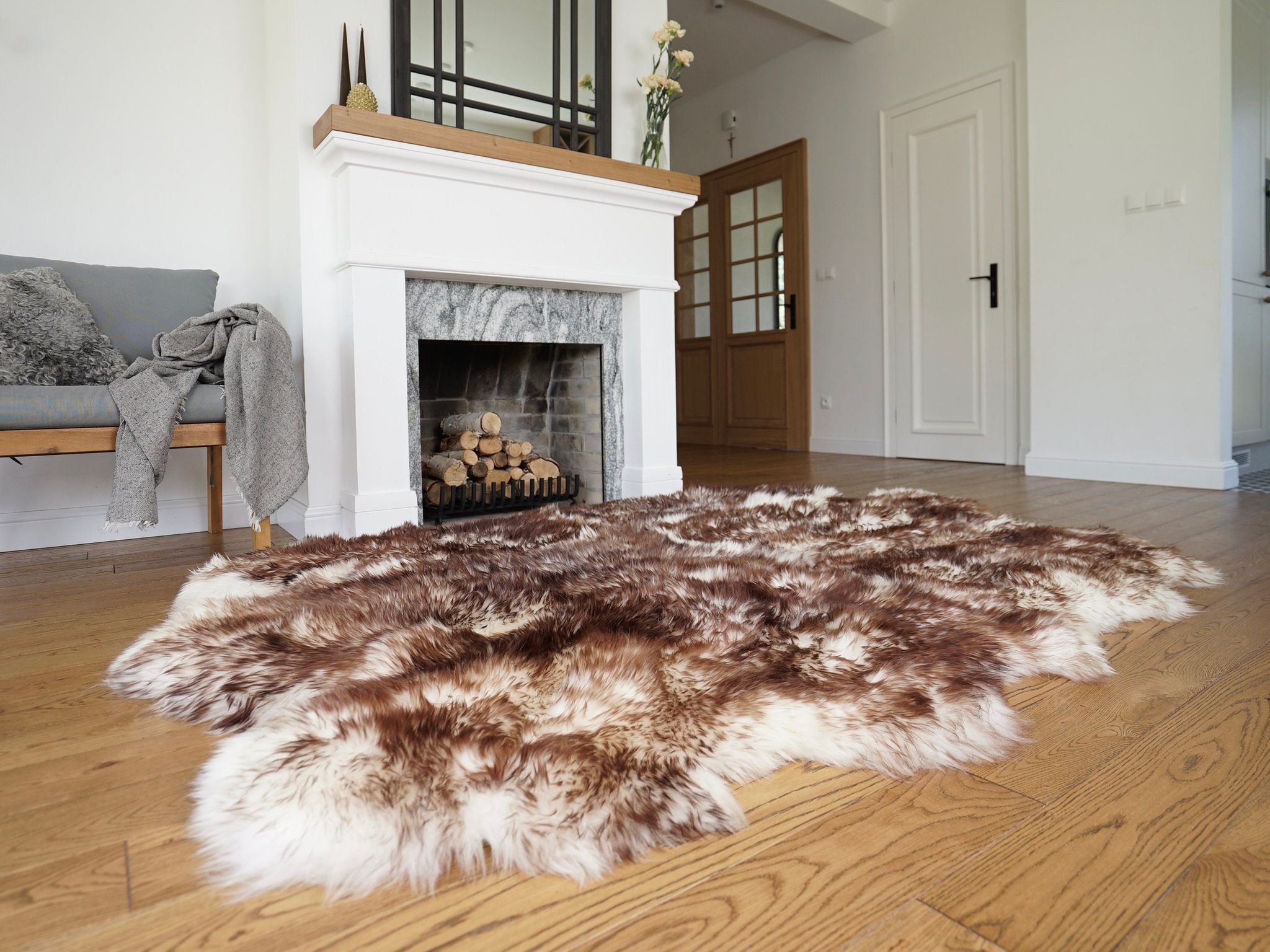 Echter Schaffellteppich Aus Gefärbtem Mufflonfell, Sexto-fell, Weiß Und Braun, 200 X 180 Cm, Luxuriöser Naturwoll-bodenbelag