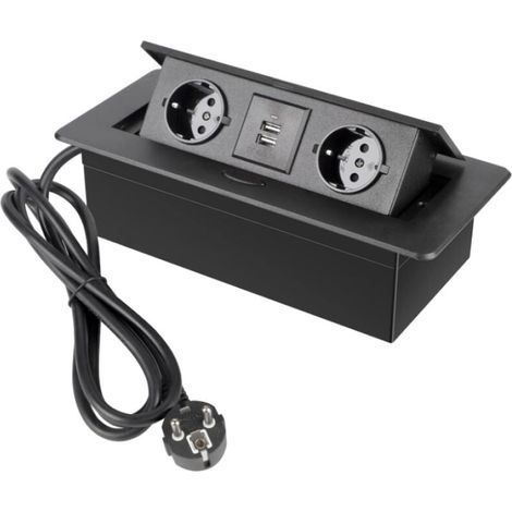 Schwarze Einbausteckdose Für Die Arbeitsplatte, Steckdosenleiste Für Die Küchenarbeitsplatte Mit 2 Steckdosen + 2 Usb, Stecker, 1,5 M Kabel