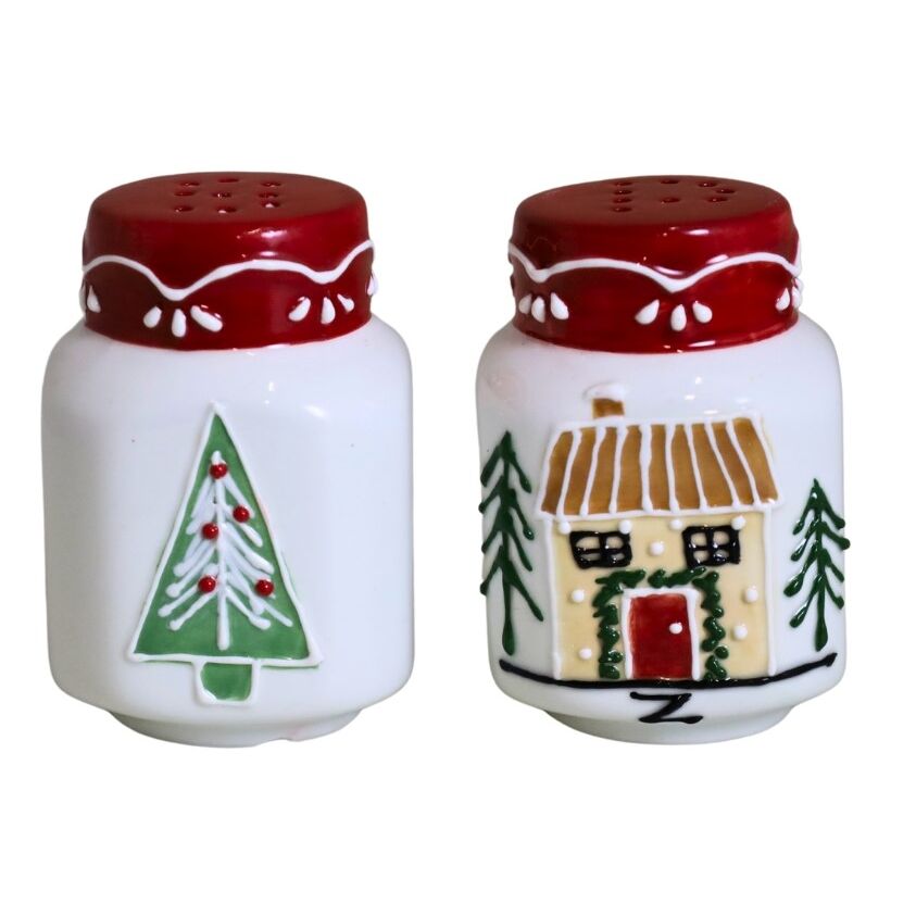 Weihnachtliches Gewürzset, Salz- Und Pfefferstreuer, Keramik, Weihnachtsbaumhaus, 6 X 6 X 8,1 Cm