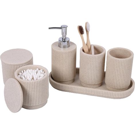 6-teiliges Badezimmer-set – Seifenspender + Zahnputzbecher Mit Tablett Und Baumwollbox – Streifendesign (beige), Premium-harz – Inklusive Zahnbürstenhalter Und Organizer