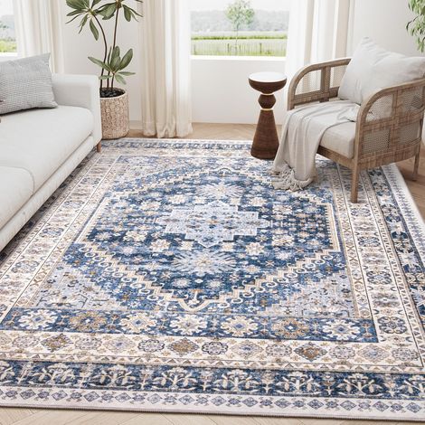 Wohnzimmerteppich 4060 Cm, Blau, Kaschmirimitat, Waschbar, Waschbare Bodenmatte, Retro-großflächiger Anti-schmutz-teppich, Teppichdekoration
