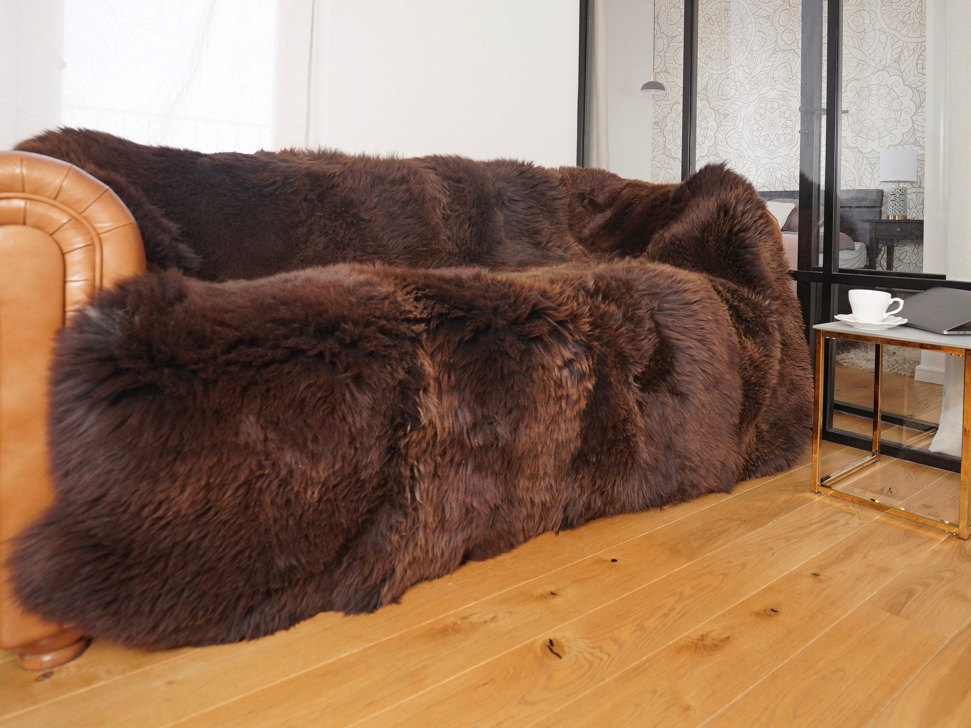 Großer Brauner Schaffellteppich Aus 8 Echten Schaffellen, Acht Natürliche Wollüberwürfe Für Boden, Sofa, Bett Oder Sessel, 82 X 86 Zoll