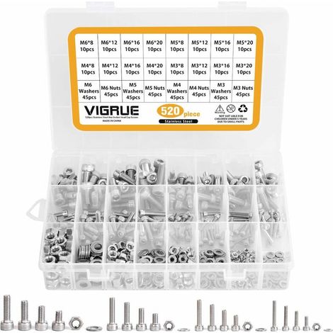 Kit 520pcs M3 M4 M5 M6 Edelstahl Innensechskantkabelschrauben Schrauben Mit Muttern Sortiment