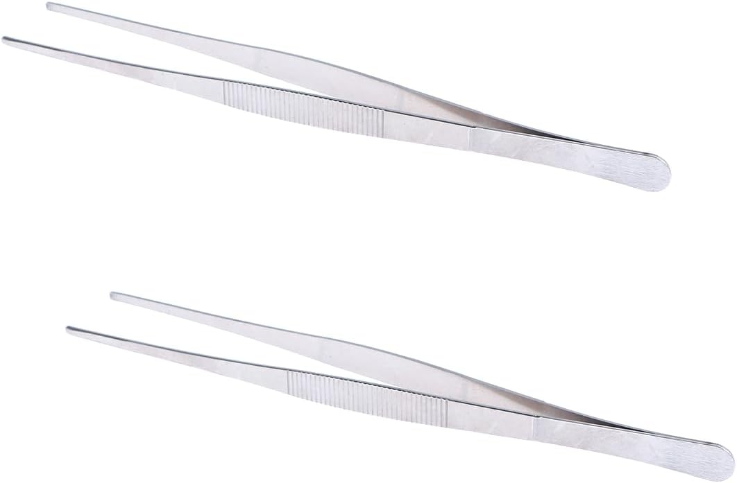 Set Aus 2 Geraden Pinzetten, 20 Cm Lang, Aus Edelstahl Mit Flacher Spitze Und Gezahnter Kante, Für Labor, Gartenarbeit Usw.
