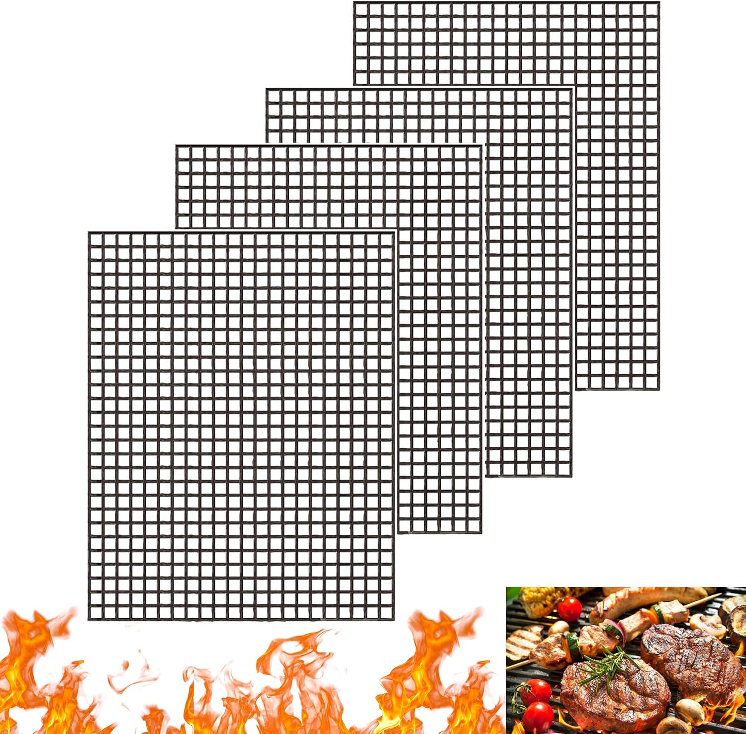 Set Mit 4 Grillmatten, 40 X 30 Cm, Antihaftbeschichtet, Wiederverwendbar, Für Gas-, Holzkohle-, Elektro-, Heißluftfritteusen- Und Backofengrills