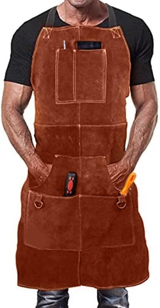 Herren-schweißerschürze Aus Leder Mit 6 Taschen – Hitzebeständig Und Flammhemmend – Maximaler Schutz Von Der Brust Bis Zu Den Knien