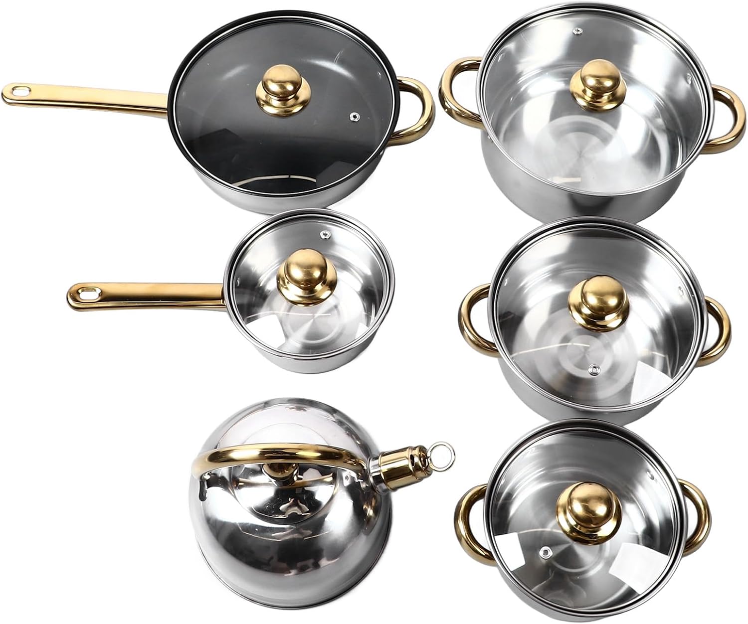 12-teiliges Edelstahl-kochgeschirr-set Mit Goldenen Griffen Und Deckeln, Töpfe Und Pfannen In Verschiedenen Größen Für Gas- Und Herdplatten