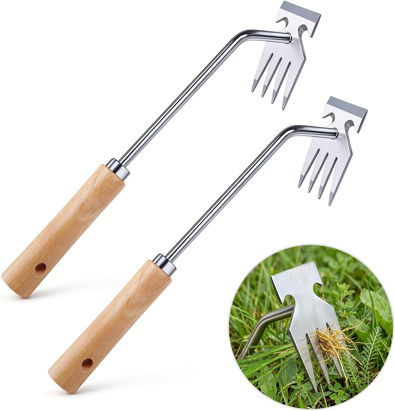 2-teiliges Manuelles Unkrautentfernungsset, Unkrautzieher Aus Verdicktem Edelstahl, Griff Aus Massivholz, Gartenwerkzeug Zum Entfernen Von Hartnäckigem Unkraut Usw.