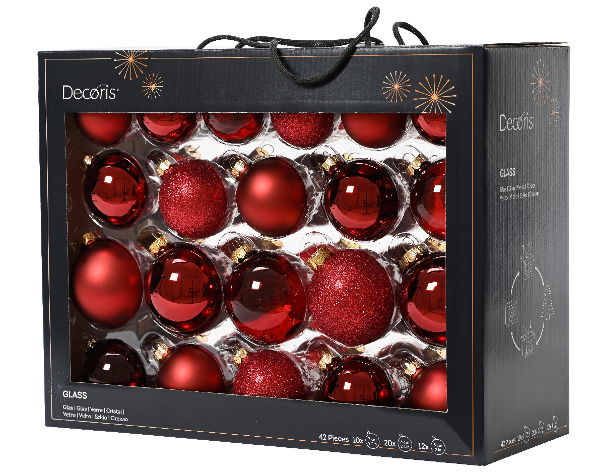 Weihnachtskugel Set - Dunkelroter Mix Aus Glänzenden, Matten, Glitzernden Und Transparenten Glasornamenten Ø 7cm