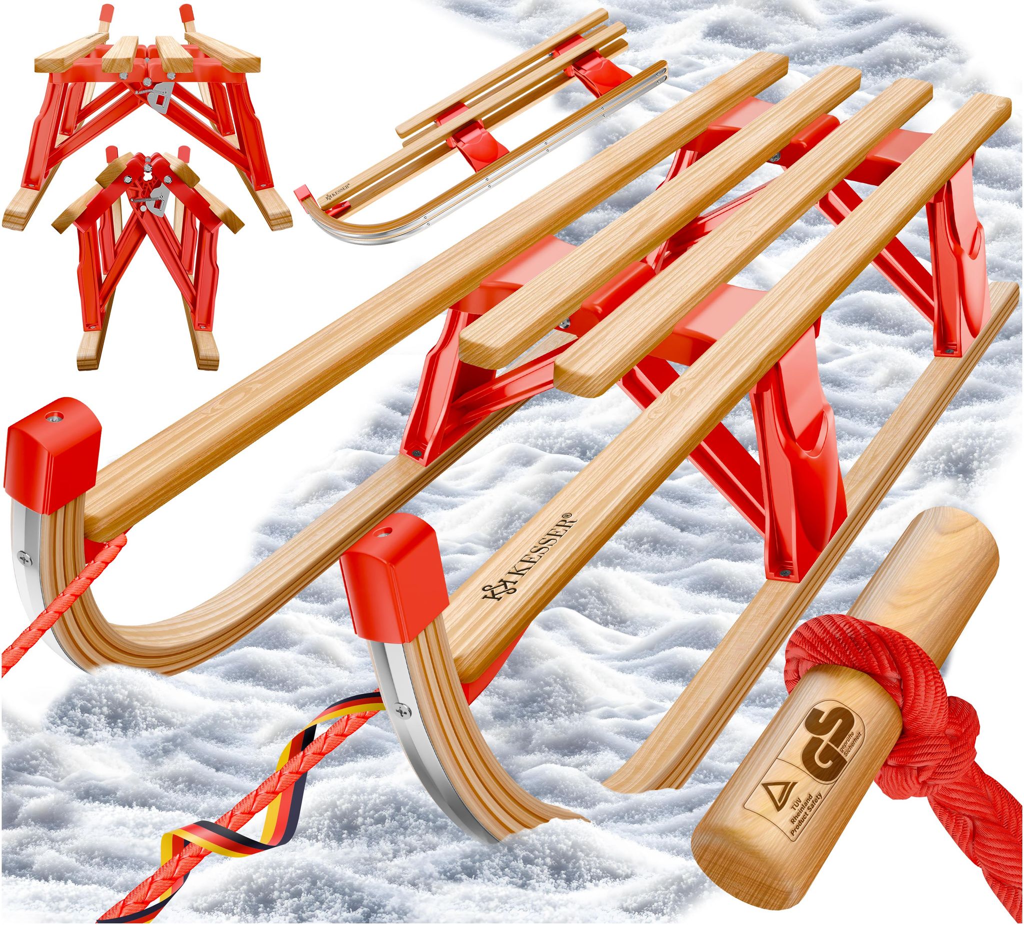 Kesser® Holzschlitten Faltbar Aus Buchenholz, Mit Lehne - Rot, Ohne Lehne